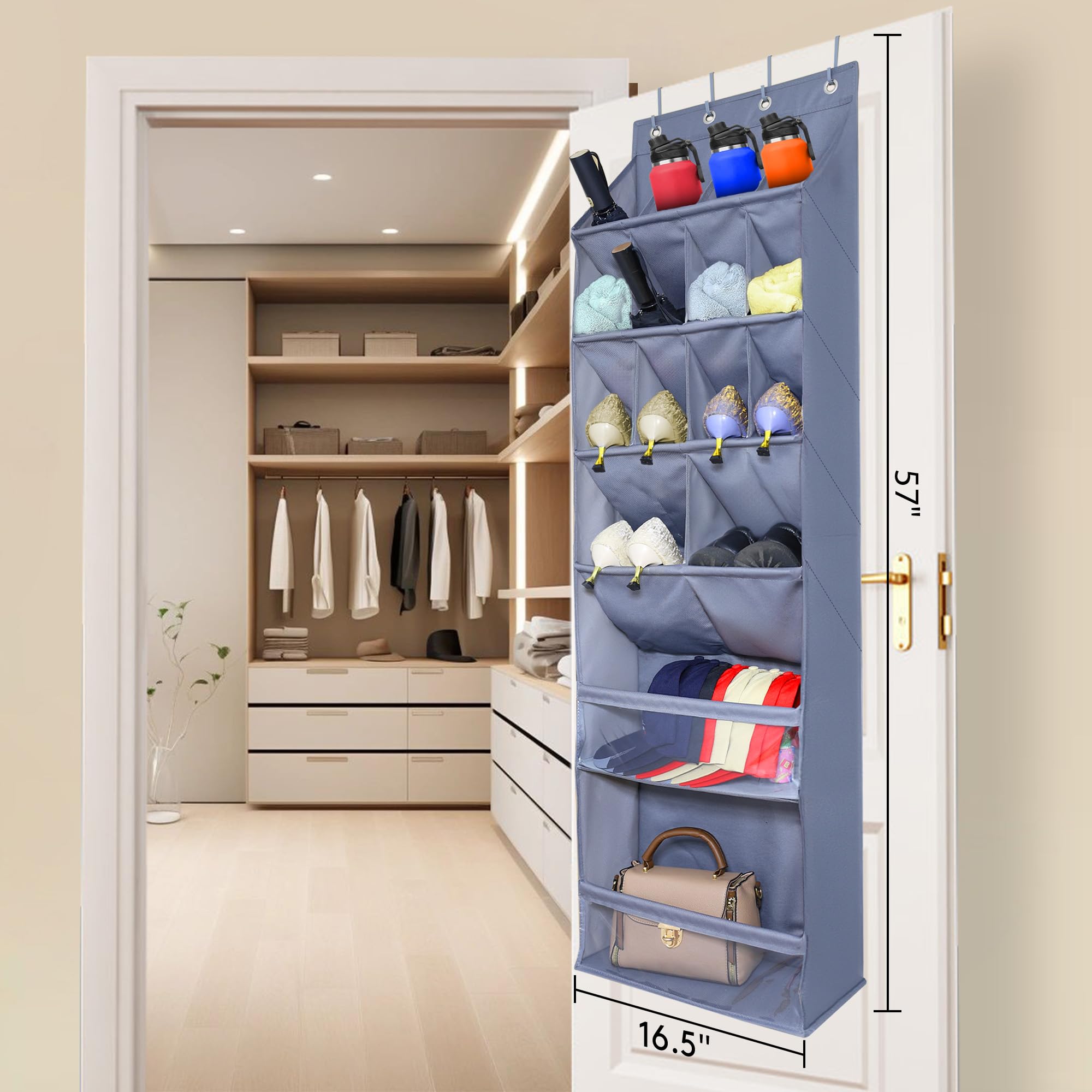 Over The Door Shoe Organizer - 16 Deep Pockets Hanging Shoe Rack for Closet, Wall & RV Storage | Space-Saving Shoe Holder for Small Spaces & Narrow Doors | Perfect for Bedroom, Entryway & Dorm Organization (Grey)