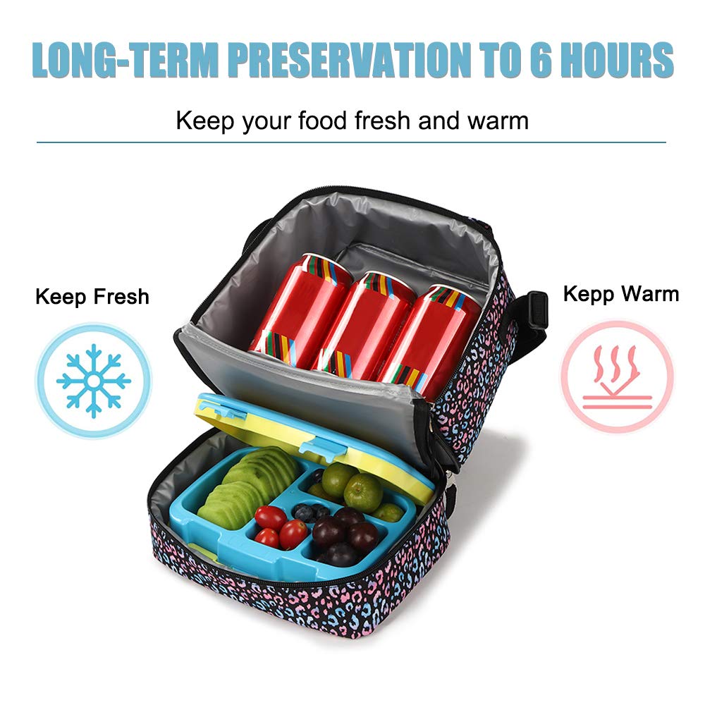 Tilami Insulated Lunch Bag for Kids & Toddlers - Adjustable Strap, 2 Compartment Zipper Cooler Bag, Leopard Print Design - Perfect for School, Picnics & Outdoor Activities