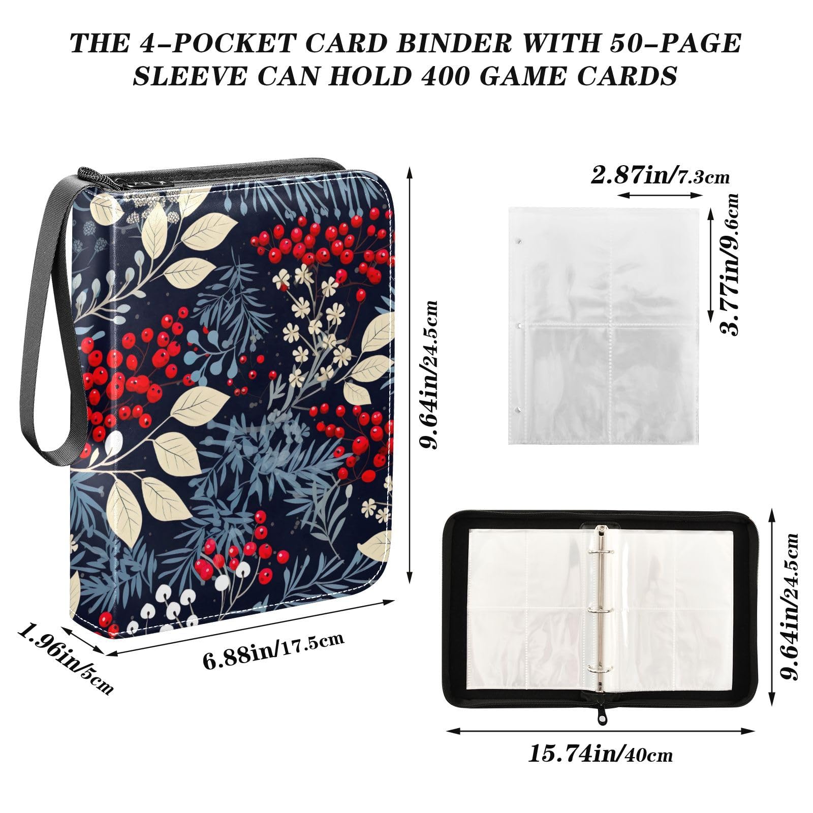 Christmas Hollyhock Leaves 4-Pocket Trading Card Binder with 50 Sleeves - Holds 400 Cards, 3-Ring Collector Album for Football, Baseball & Trading Cards - Perfect for Collectors, Gamers & Gift-Giving