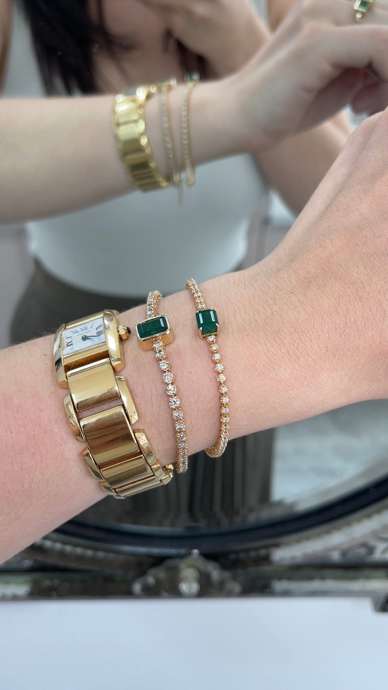 5.86tcw Vivid Green Bezel Emerald & Diamond Tennis Bracelet in 14K Gold - Elegant Jewelry for Women, Perfect for Weddings, Parties & Special Occasions