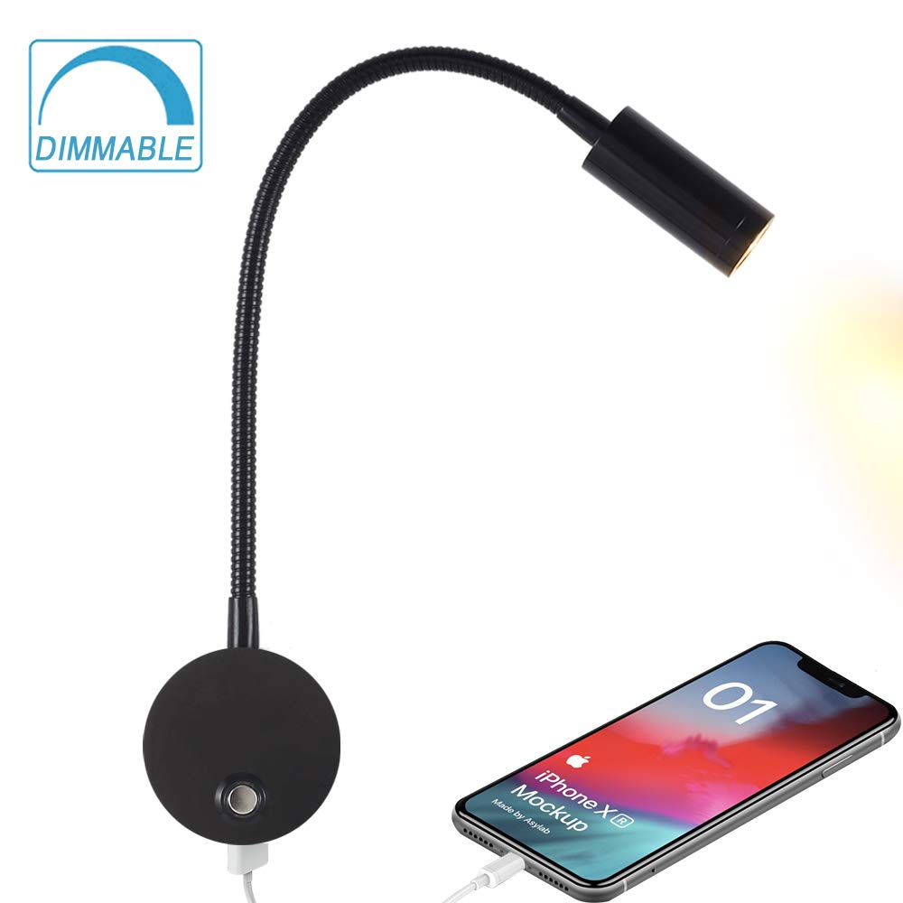 WisHomee Dimmable RV Reading Light with USB Charging Port - 12V DC LED Interior Light for Campers, Vans, Boats & Motorhomes - Flexible Gooseneck Design - Perfect for Night Reading & Charging Devices (Black)