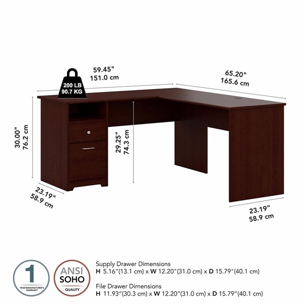 Bush Furniture Cabot L-Shaped Computer Desk with Drawers, 60 Inch Wide, Harvest Cherry Finish - Perfect for Home Office, Gaming Setup & Small Workspaces
