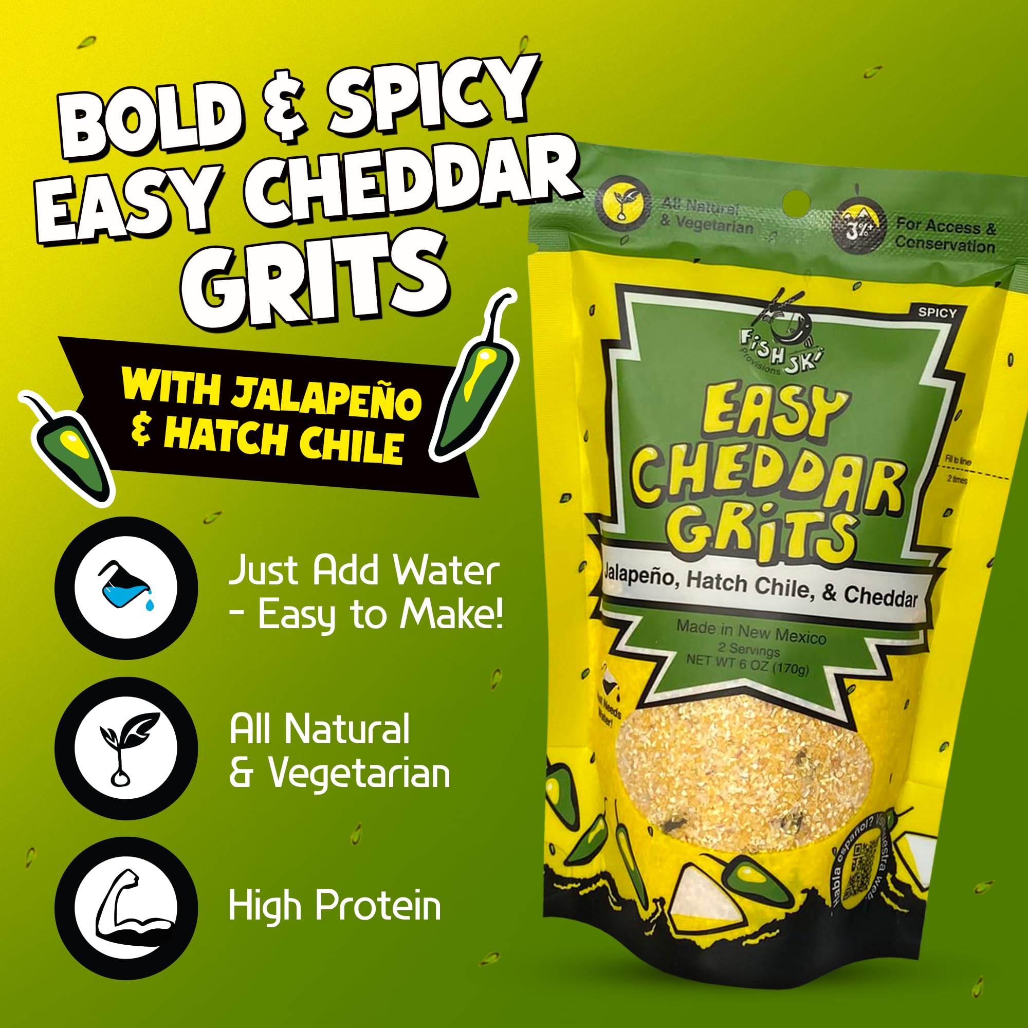 FishSki Provisions Jalapeno Yellow Corn Grits with Cheddar Cheese, Hatch Green Chile & Garlic - 6 oz Bags (24 Pack) | Perfect for Breakfast, Camping & Quick Meals