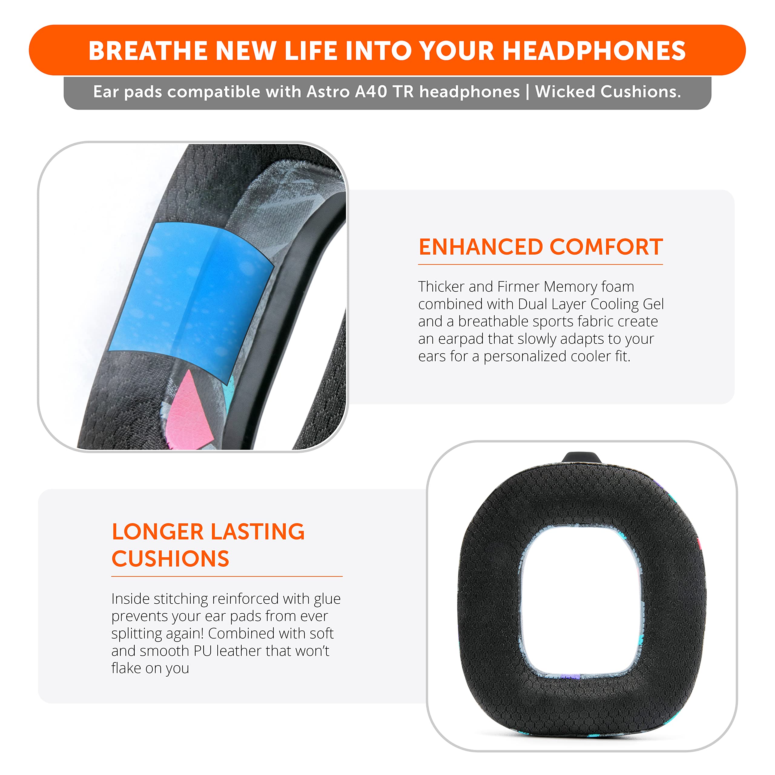 Wicked Cushions WC Freeze A40 Cooling Gel Earpads for Astro A40 TR Headset - Hybrid Fabric, Enhanced Durability & Noise Isolation (90's Black) - Perfect for Gaming, Music & Long Wear Comfort
