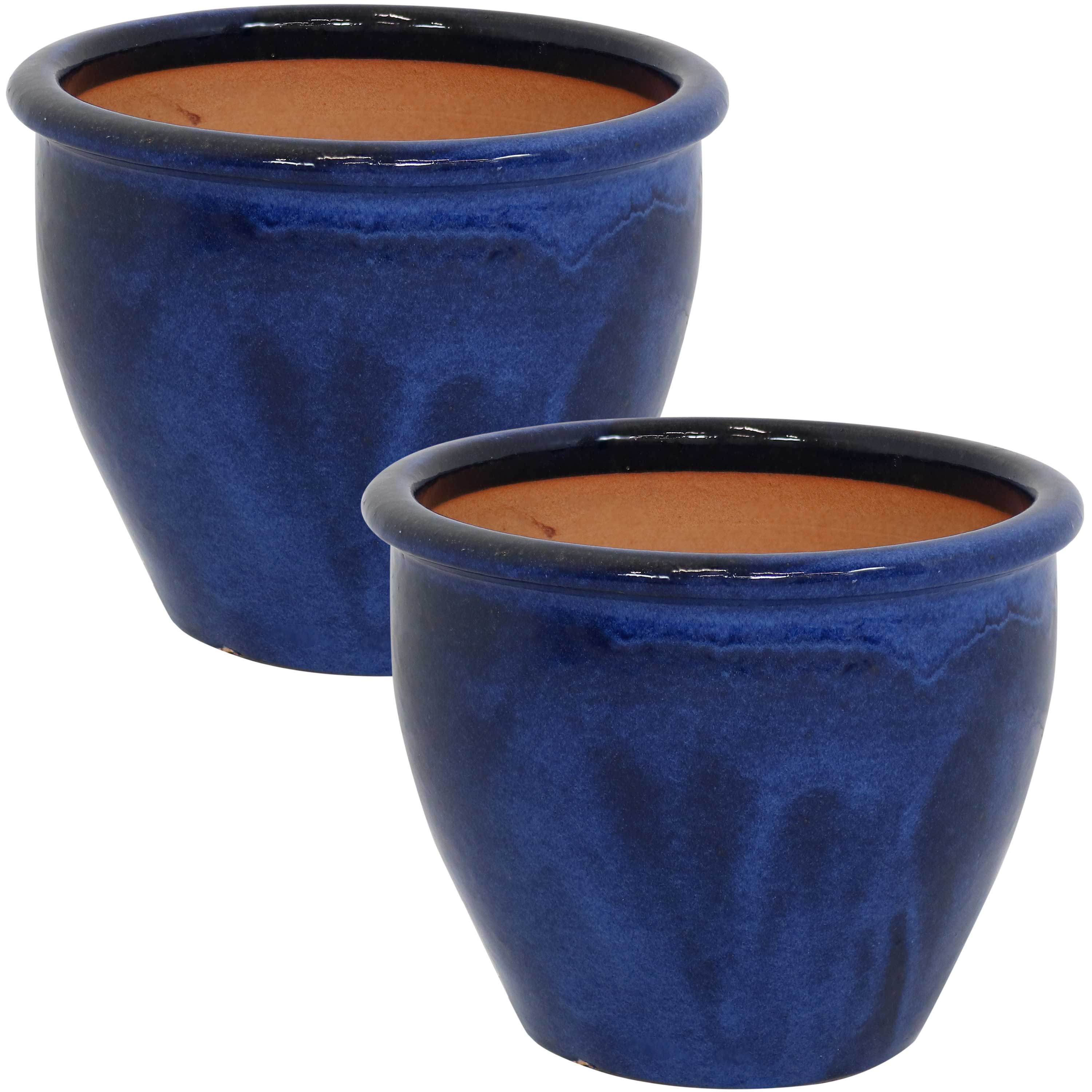 Sunnydaze Chalet Glazed Ceramic Plant Pots with Drainage Holes - Set of 2, Indoor Outdoor Garden Decor for Flowers, Succulents, Herbs - Perfect for Patio, Balcony, and Home Décor