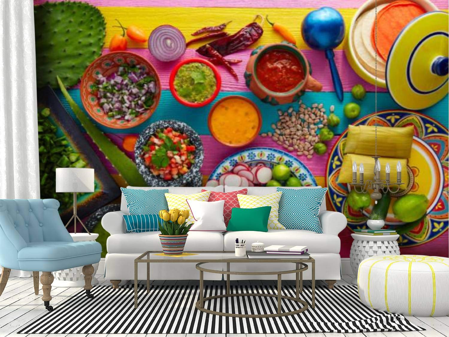 Colorful Mexican Food Peel and Stick Wallpaper - Self-Adhesive Wall Mural with Nopal, Tamale & Sauces | Removable Vinyl Film for Kitchen, Dining Room & Home Decor | Large Wall Sticker for Shelf Liner & DIY Projects