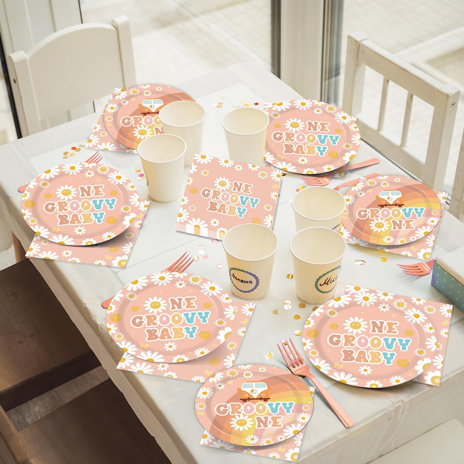 96PCS Groovy Birthday Party Decorations Set - Daisy Flower Hippie Themed Paper Plates & Napkins for Girls, 1st Birthday, Baby Shower, Boho Tableware Supplies | Perfect for Retro Themed Parties, Newborn Celebrations & Hippie-Inspired Events