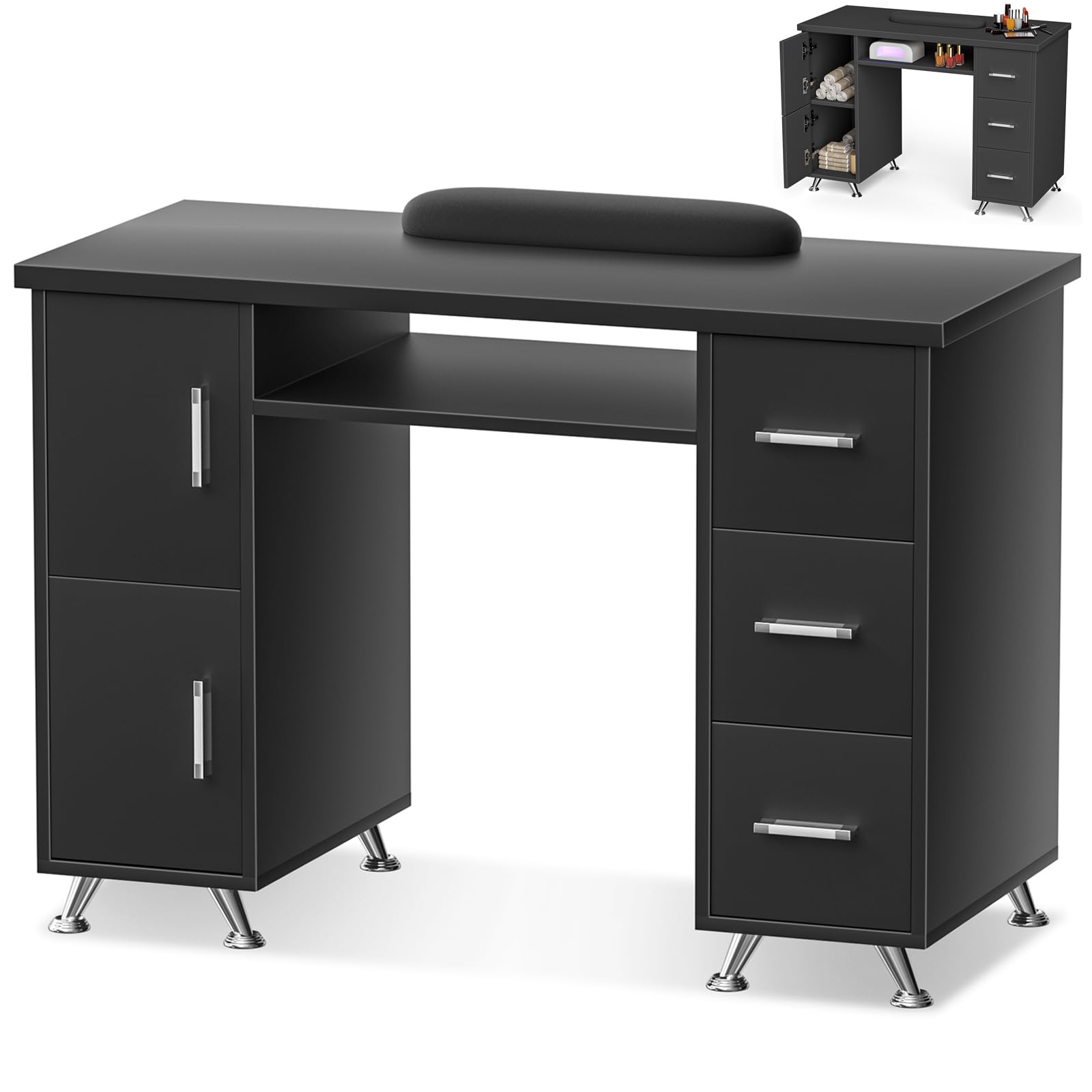 Black Nail Salon Table - Professional Manicure Desk with Acetone-Resistant Surface, Extended Drawers & Storage Cabinets, Wrist Cushion - Perfect for Nail Technicians & Home Salons (Beauty, Spa, Nail Art Studio)