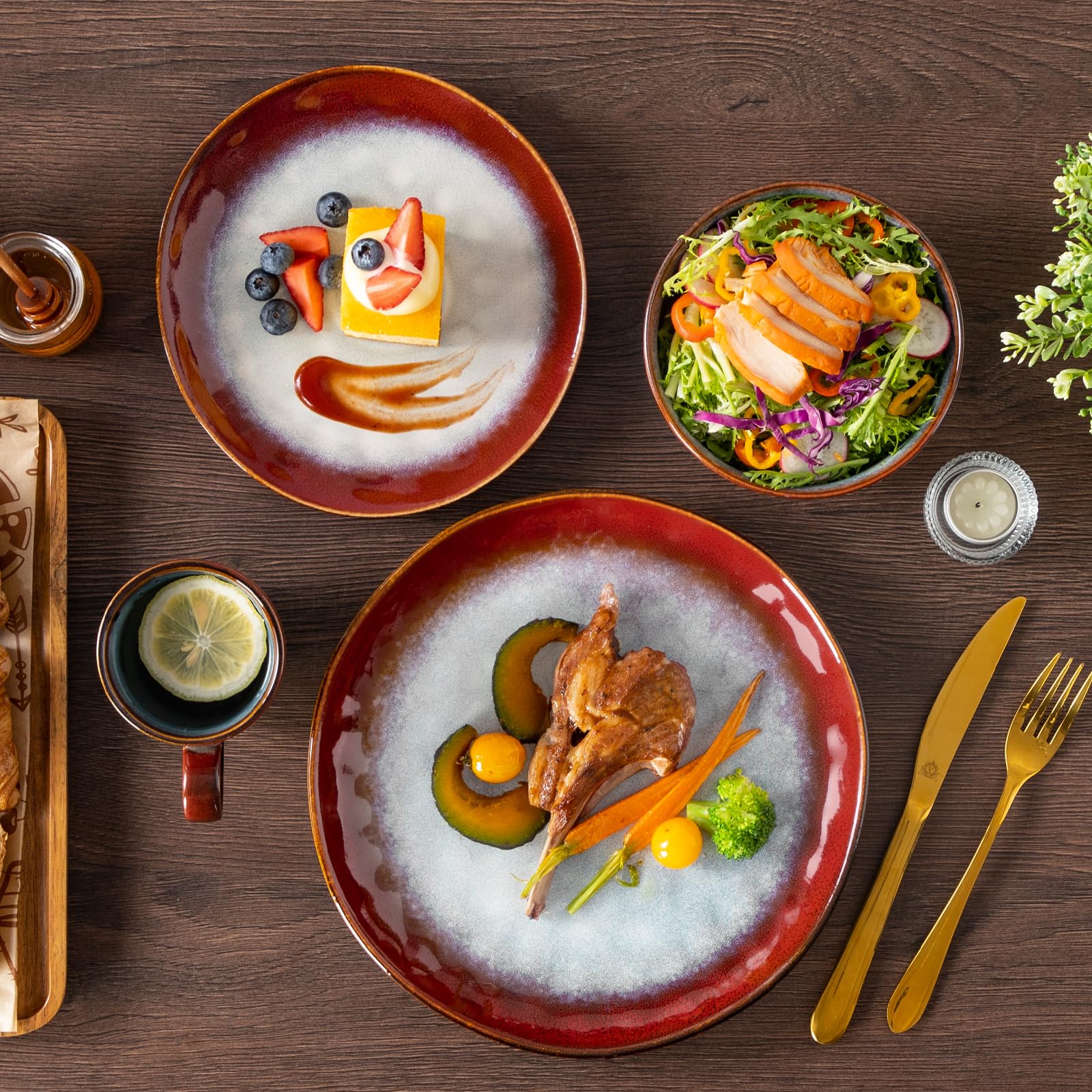 Vancasso Starry 16-Piece Red Dinnerware Set | Reactive Glaze Change Ceramic Plates & Bowls | Elegant Table Setting for Holidays, Parties & Daily Dining