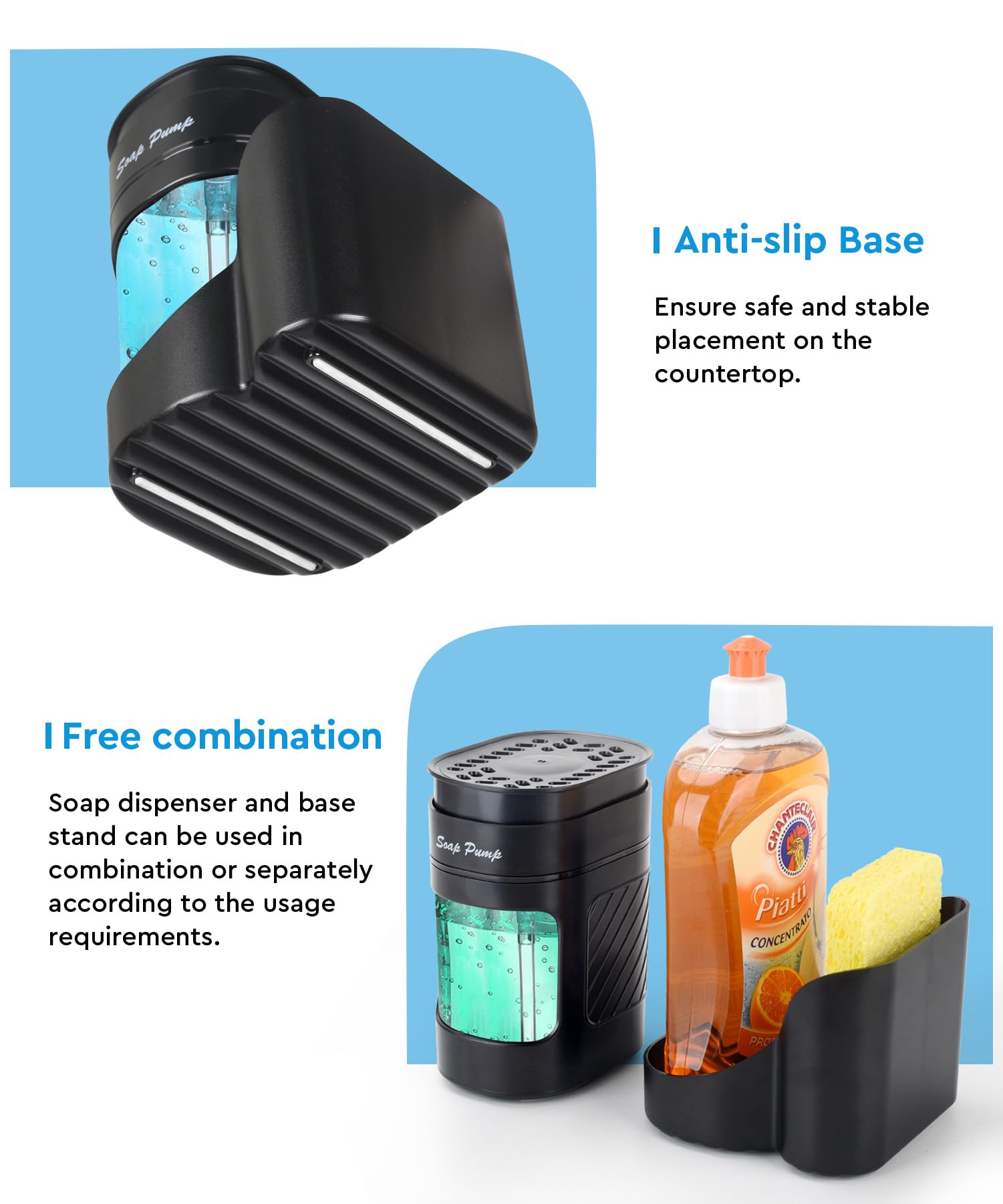 3-in-1 Kitchen Dish Soap Dispenser with Sponge Holder | Countertop Dishwashing Soap Pump Set | Black | Perfect for Kitchen Sink Organization & Cleaning Accessories