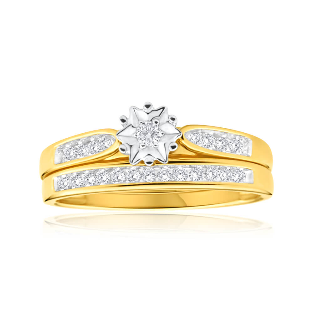 9ct Yellow Gold 2 Ring Bridal Set With 1/4 Carat Channel Set Diamonds - Elegant Wedding Band & Engagement Ring Set for Brides, Perfect for Proposals, Anniversaries & Romantic Occasions