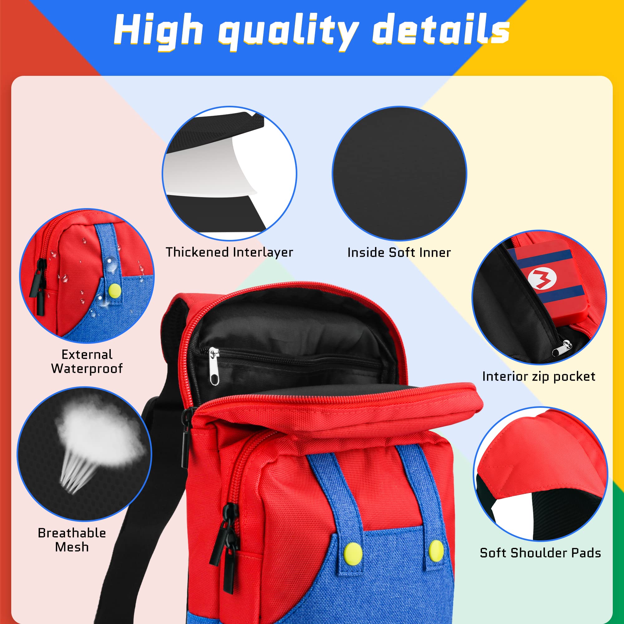 Cute Mario Switch Travel Bag for Nintendo Switch/OLED/Lite - Portable Crossbody Backpack with Game Case Holder & Thumb Caps - Perfect for Gaming On-The-Go