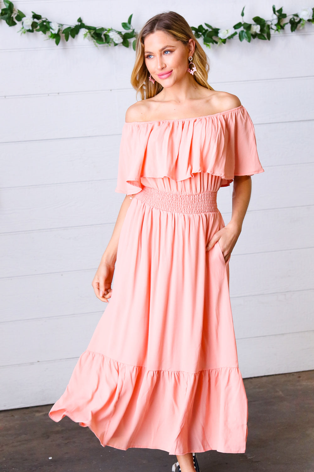 Coral Off-Shoulder Smocked Waist Ruffle Sleeve Midi Dress for Women - Summer Beach Party, Wedding Guest, Date Night Outfit