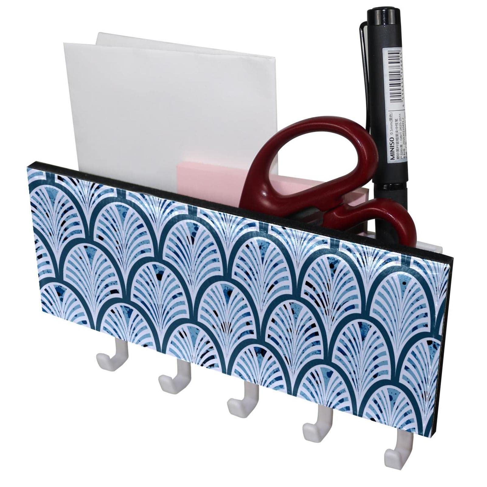 Blue Fish Scales Key Holder Wall Organizer with 5 Hooks - Decorative Entryway, Bathroom & Kitchen Wall Hanger for Keys, Hats & Towels - Perfect for Home Organization & Space Saving Decor