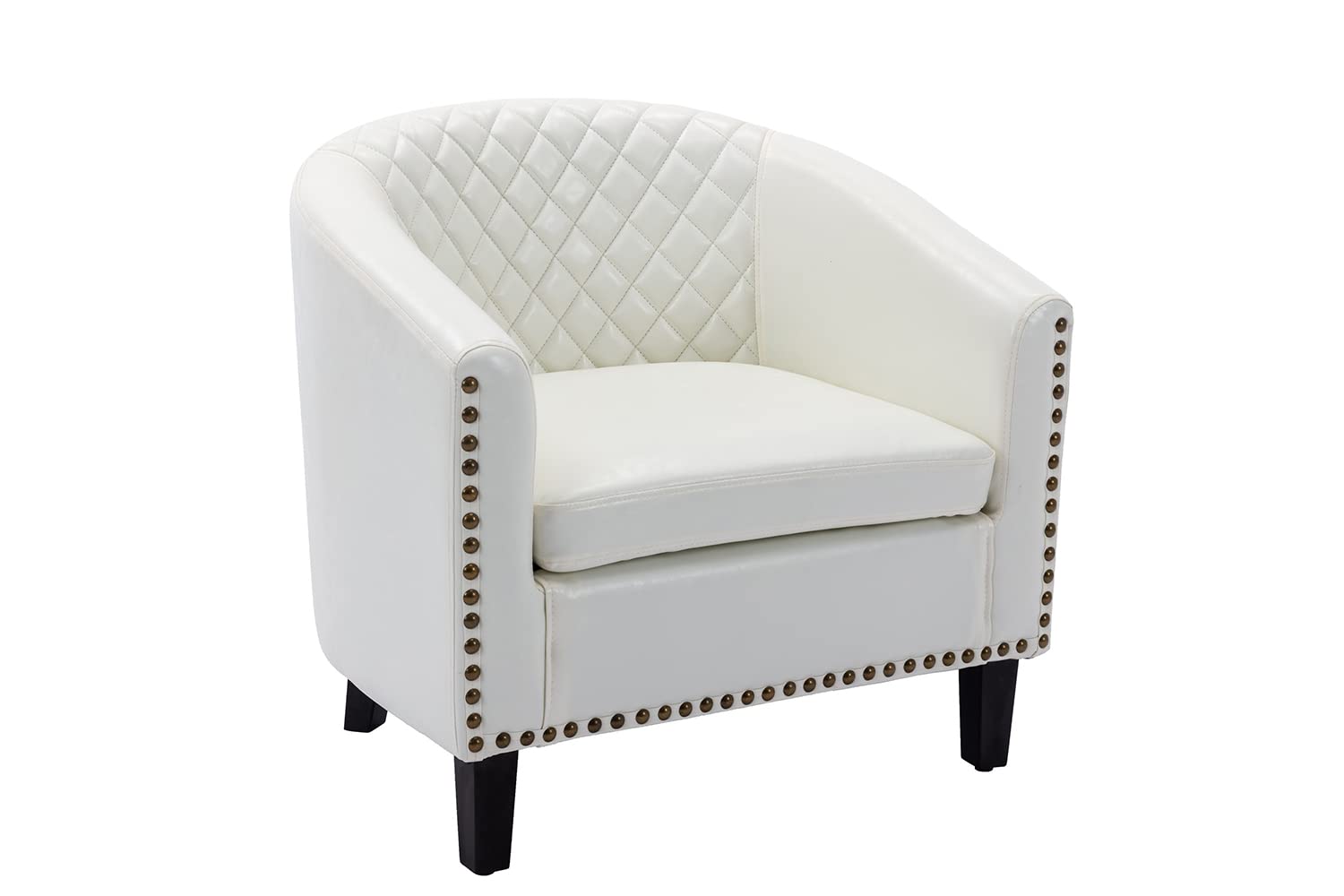 White PU Leather Accent Barrel Chair with Nailhead Trim & Solid Wood Legs - Living Room, Bedroom, or Office Seating Furniture
