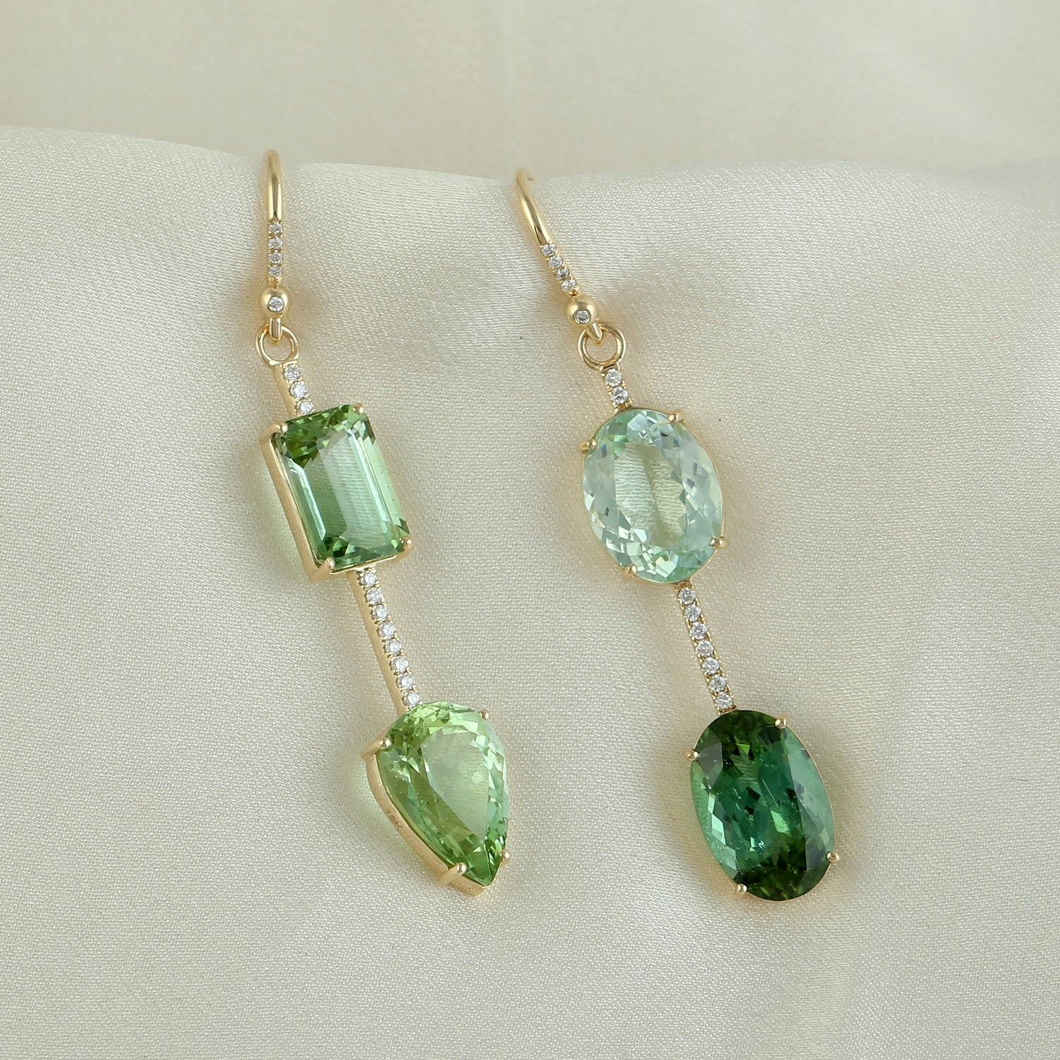 18K Yellow Gold Pave Diamond Mismatch Green Tourmaline Ear Hook Earrings for Women - Perfect for Weddings, Parties & Special Occasions