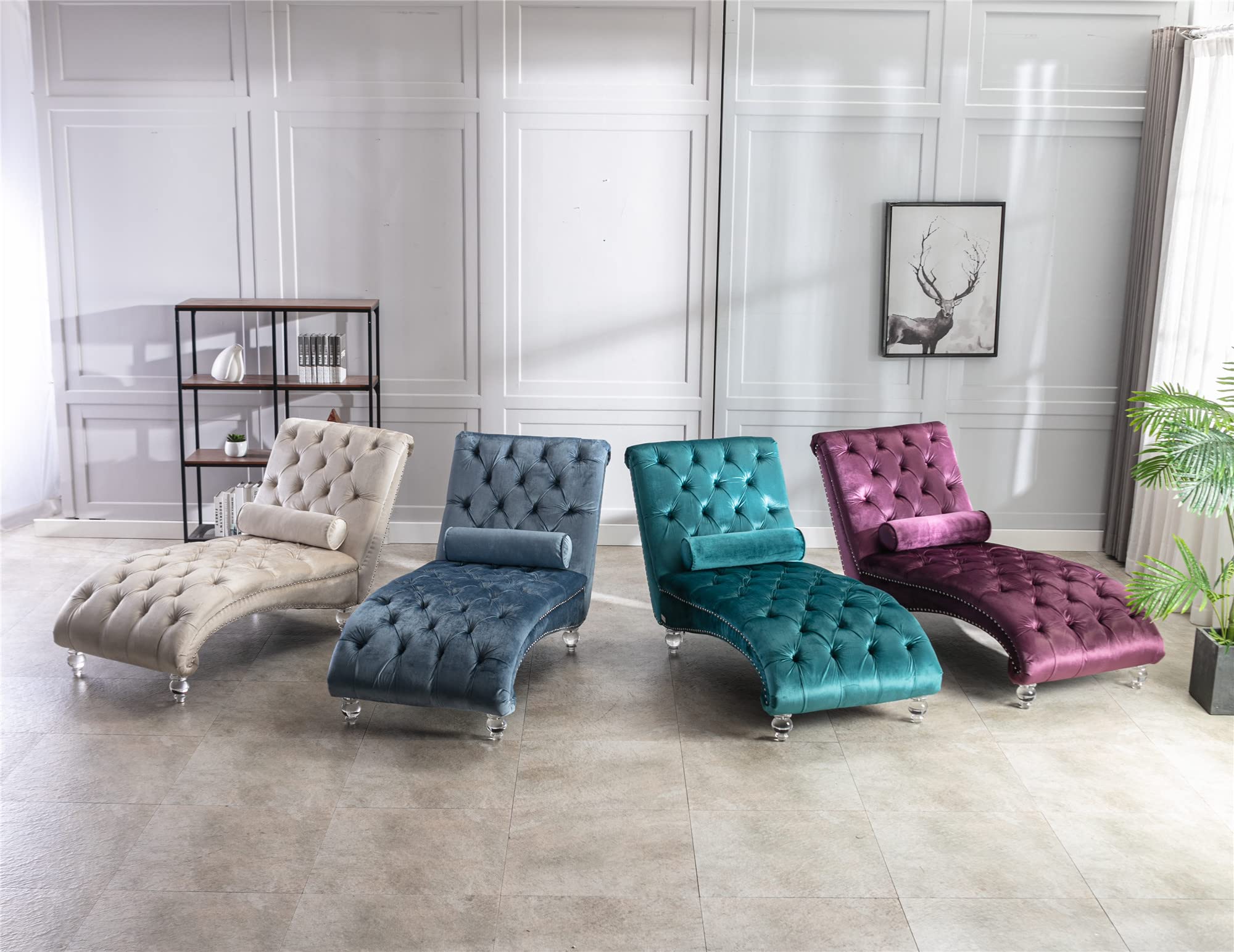 Tufted Velvet Chaise Lounge Chair for Living Room & Bedroom - Upholstered Sofa with Waist Pillow & Acrylic Feet - Curved Cushion Fabric Sleeper Chair (Light Blue) - Perfect for Relaxing, Reading & Small Space Decor
