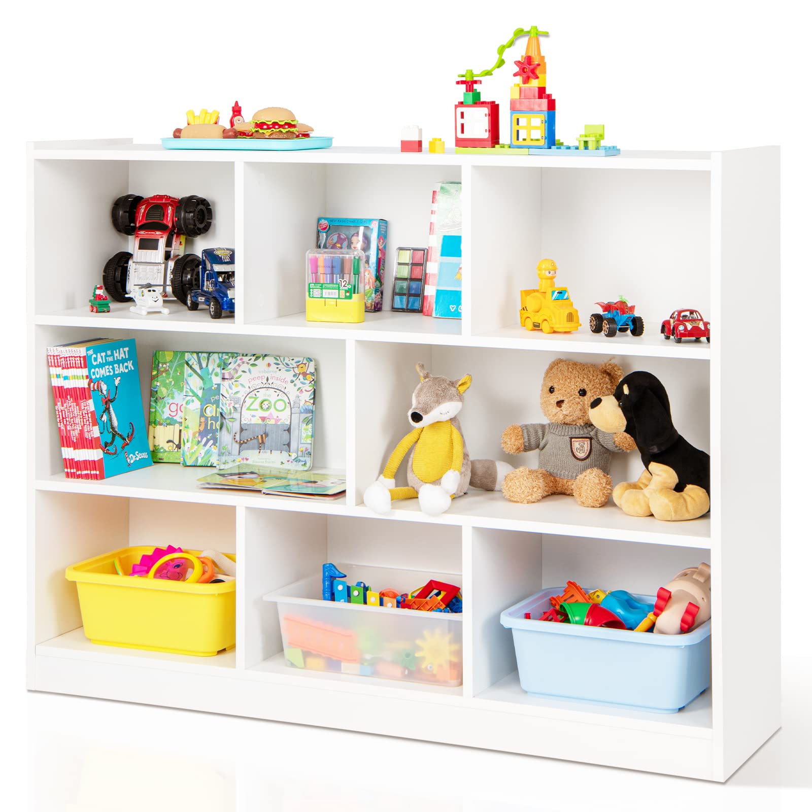 Costzon Kids Toy Organizer & Storage Shelf - 3-Tier Wooden Bookshelf with 8 Cubby Bins for Books, Toys, Clothes | Perfect for Playroom, Bedroom, Nursery & Living Room Organization (White)