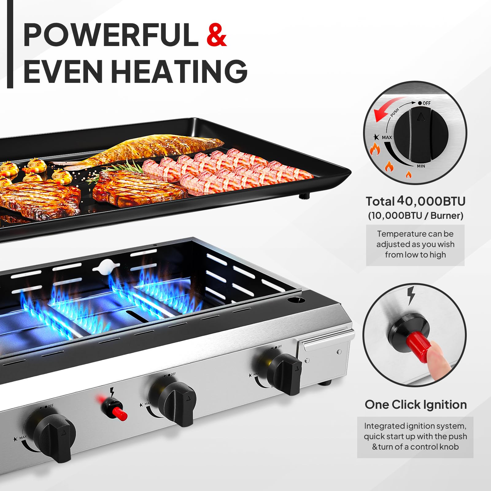 ROVSUN 4 Burner Portable Propane Griddle with Electronic Ignition - 40,000 BTU Tabletop Flat Top Gas Grill with Nonstick Enameled Tray & Regulator - Perfect for Outdoor Cooking, Camping, BBQ, Picnics, Tailgating, Backyard Parties and Family Gatherings