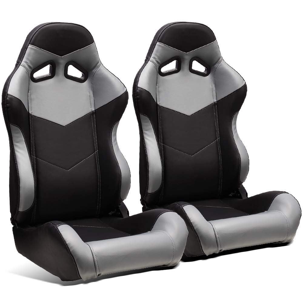 ModifyStreet Universal Black/Grey PVC Leather Racing Bucket Seats - 1 Pair for Sports Cars, Drifting & Performance Vehicles - High-Quality Replacement Seats for Enhanced Comfort & Style