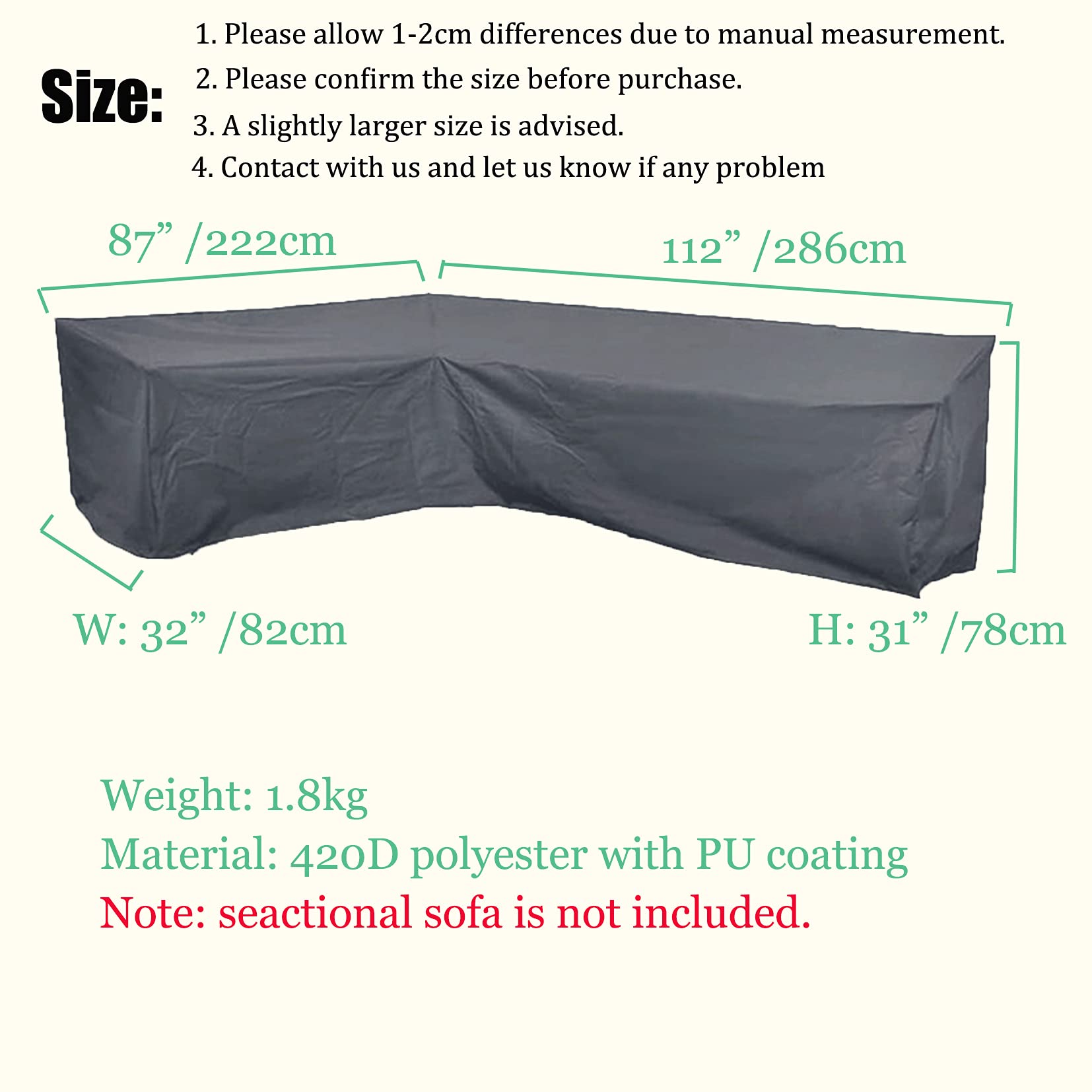 **J&C Heavy Duty 420D Waterproof L-Shaped Patio Sectional Covers - 87x112 Inch Grey Outdoor Sofa Cover for Sectionals, Perfect for Backyard, Deck, and Garden Furniture Protection**