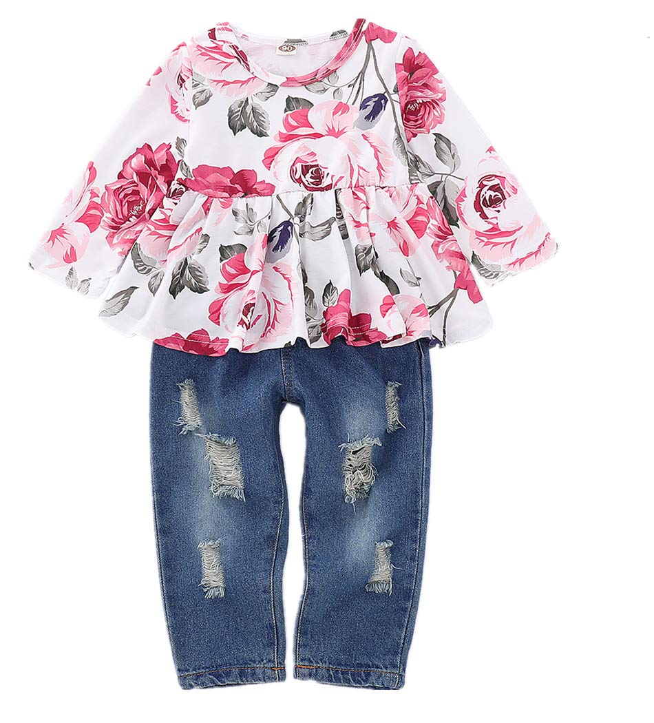 2-Piece Toddler Girl Outfit Set - Floral Ruffle T-Shirt & Ripped Denim Jeans | Cute Casual Playwear for Baby Girls 1-3 Years | Perfect for Playdates, Daycare & Family Photos