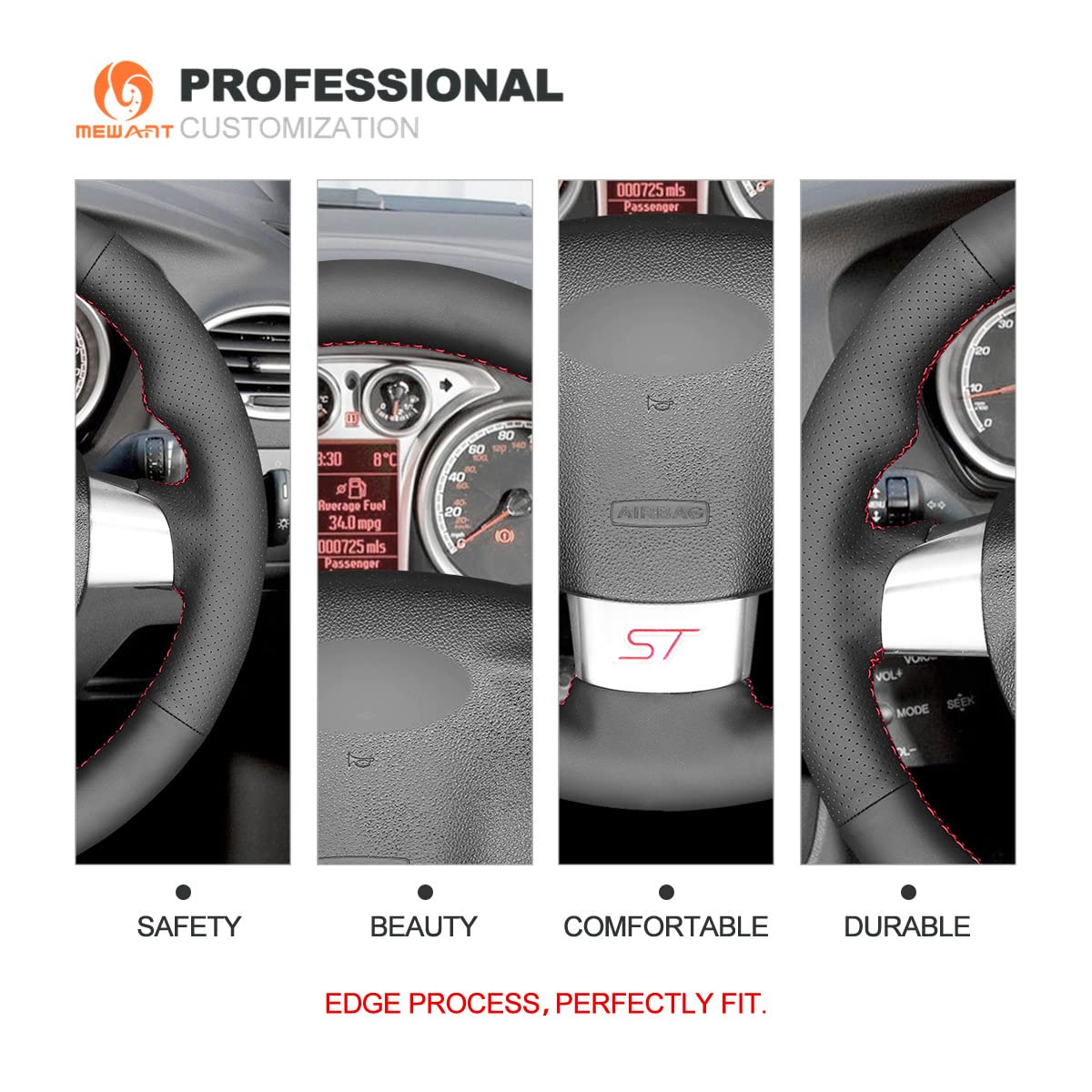 Premium Breathable Hand-Sewn Custom Steering Wheel Cover for Ford Focus ST (2005-2012) & RS (2009-2011) - Microfiber Leather Car Accessories - Perfect for Daily Driving & Road Trips