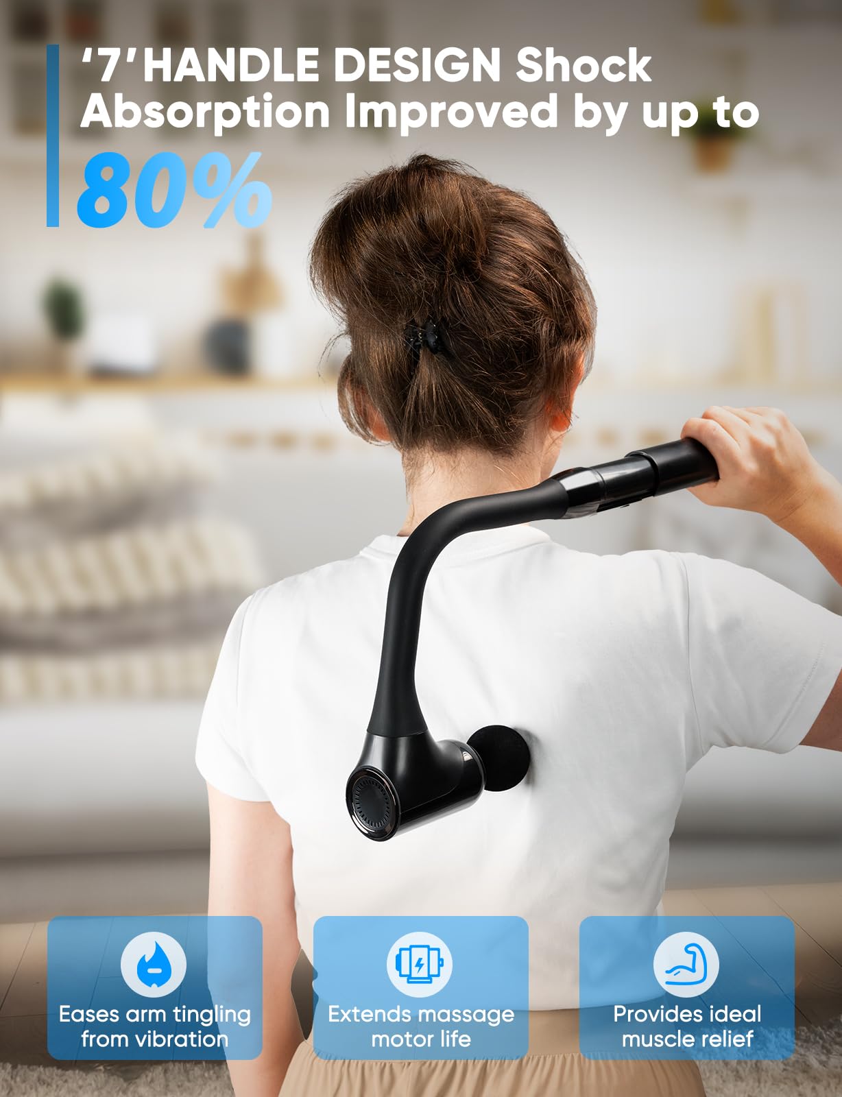 Deep Tissue Massage Gun for Pain Relief - Percussion Massager with 12MM Amplitude, Extended Handle & 4 Replaceable Heads - Adjustable Speed for Neck, Back, Foot, Leg & Shoulder - Perfect for Athletes, Office Workers & Post-Workout Recovery