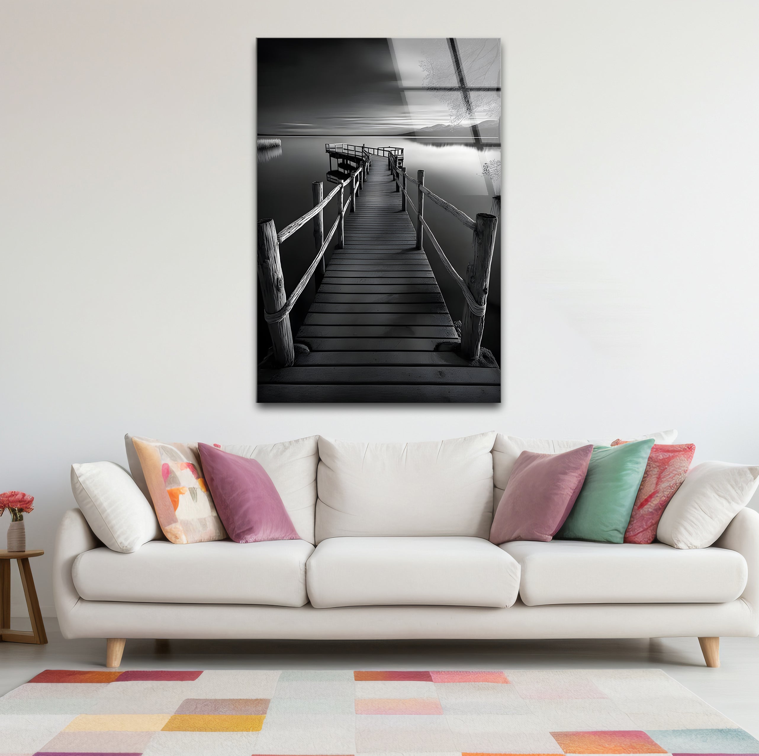 Black and White Dock Landscape Glass Wall Art - Modern Framed Home Decor for Living Room, Bedroom, Office | Coastal Nautical Theme