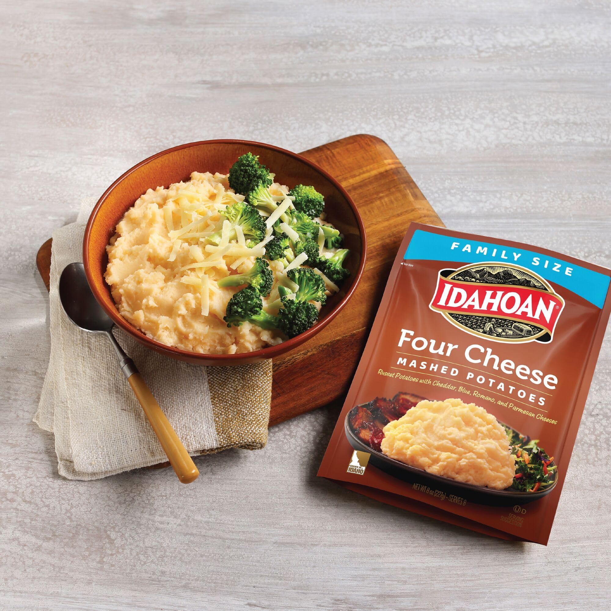 Idahoan Four Cheese Mashed Potatoes - Family Size 8 oz Pouch (Pack of 8) | Instant Mashed Potato Mix | Perfect for Holiday Dinners, Potlucks & Quick Family Meals