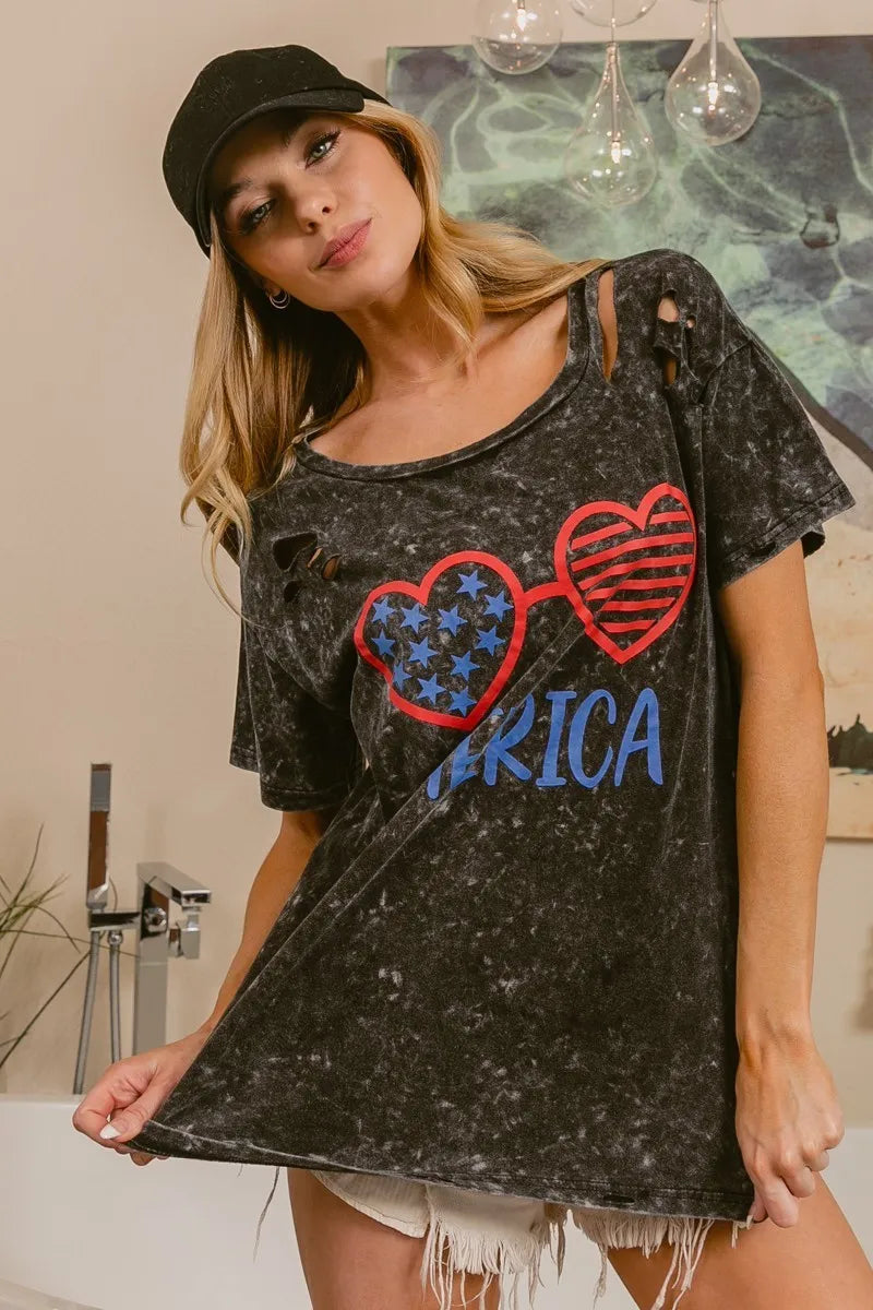BiBi 4th of July Patriotic Women's Distressed Laser Cut Top - Perfect for Independence Day Parties, BBQ Gatherings & Summer Festivals