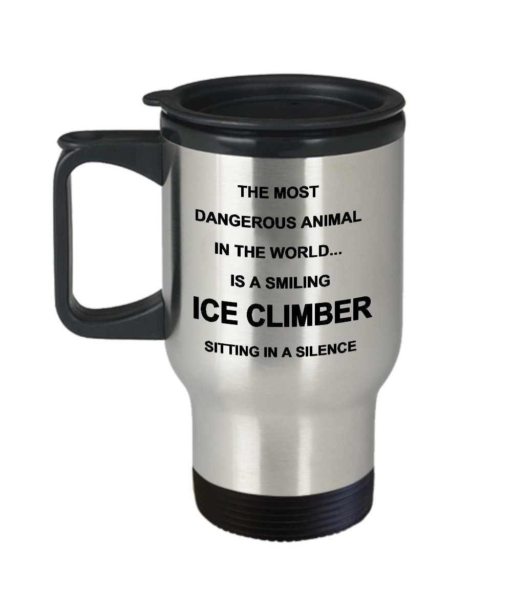 STHstore Personalized Insulated Stainless Steel Travel Mug - 14oz Ice Climbing Themed Water Bottle & Coffee Cup with Quote 'The Most Dangerous Animal is a Smiling Ice Climber' - Perfect for Outdoor Adventures, Gym Workouts & Daily Commute
