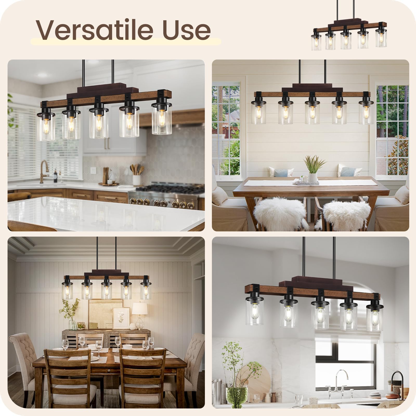 5-Light Kitchen Island Pendant Lighting Fixture - Heavy Duty Modern Dining Room Chandelier with Glass Shades, E26 Base - Perfect for Kitchen, Dining Room, Bar Counter & Breakfast Nook Lighting