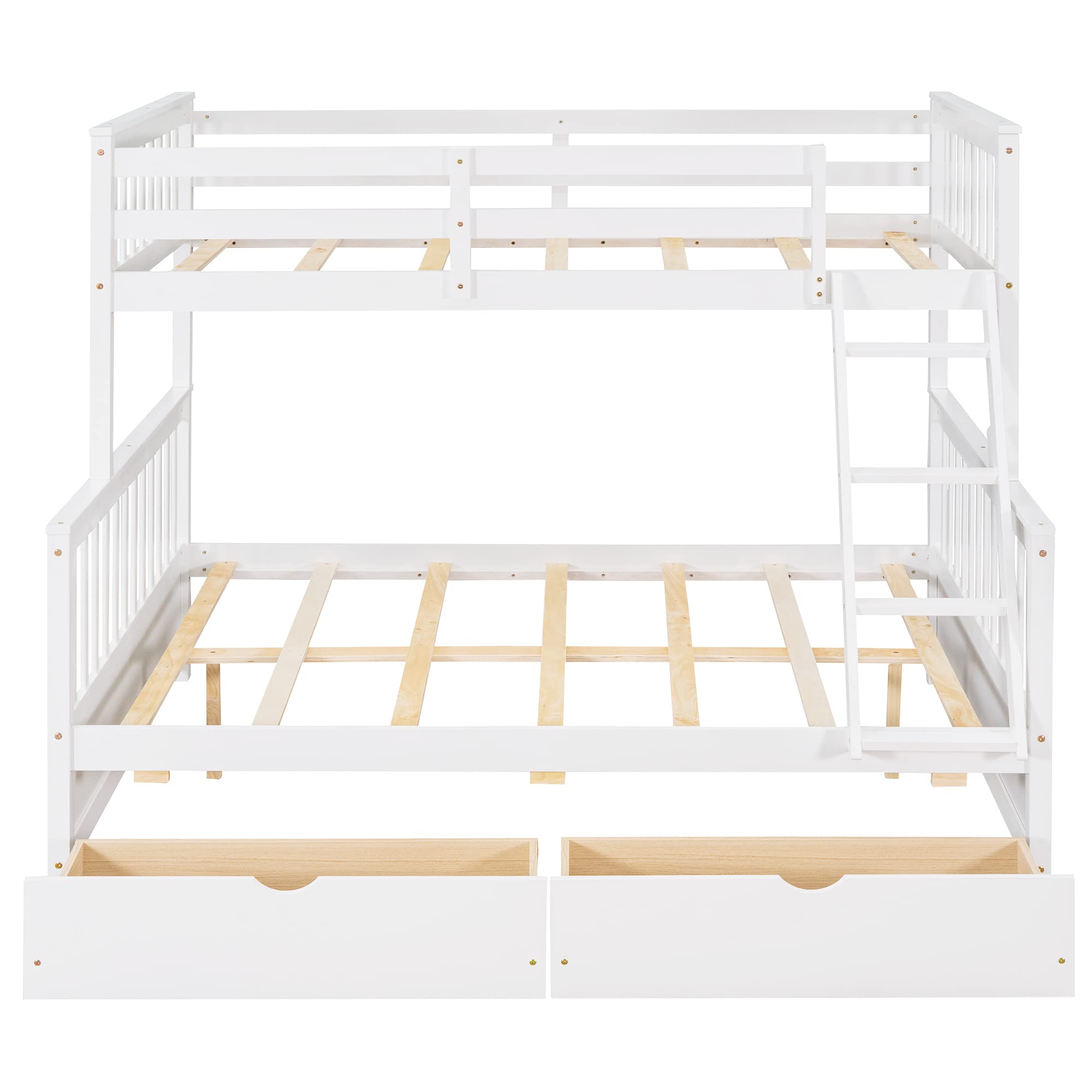 Twin Over Full Bunk Bed with 2 Storage Drawers - Solid Wood Bunk Bed Frame with Guardrails & Ladder for Kids, Teens & Adults - No Box Spring Needed - White - Perfect for Small Bedrooms, Guest Rooms & Vacation Homes