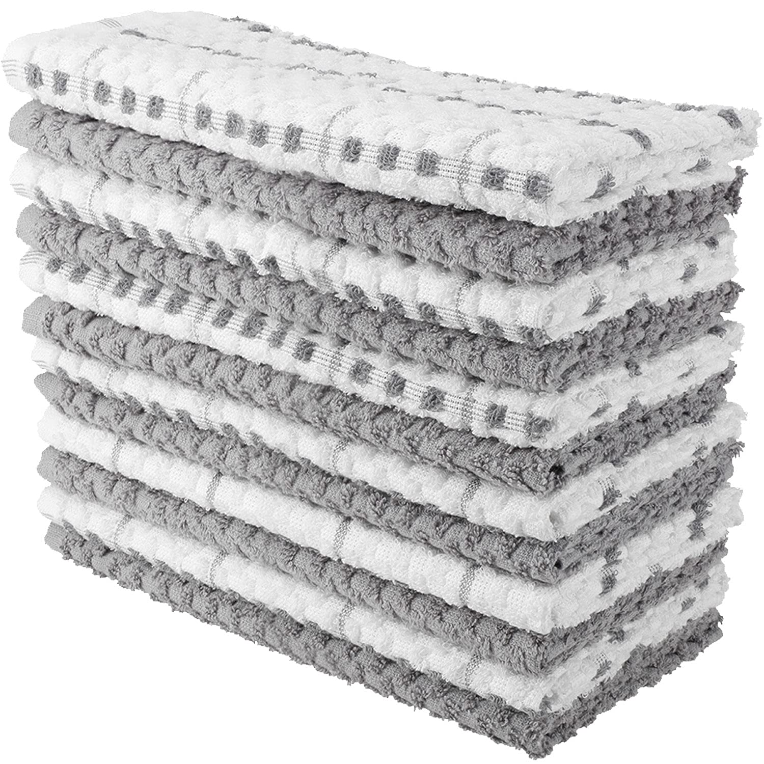 Premium 15x26 Inch Kitchen Towels - Pack of 12 Ultra Soft 100% Ring Spun Cotton Dish Towels in Solid & Check Grey | Highly Absorbent Tea Towels & Bar Mops for Cooking, Cleaning & Drying Dishes