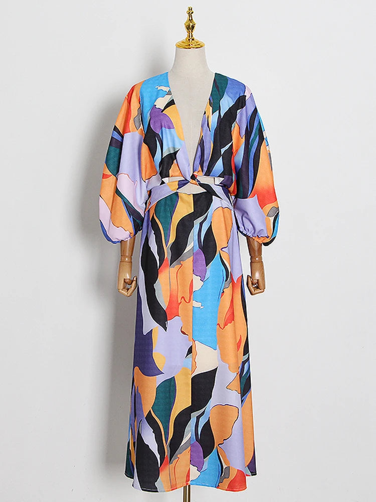 Trendy Backless Patchwork Dress for Women - V-Neck Lantern Sleeve High Waist Cut Out Summer Dress | Perfect for Beach Vacations, Date Nights & Party Wear