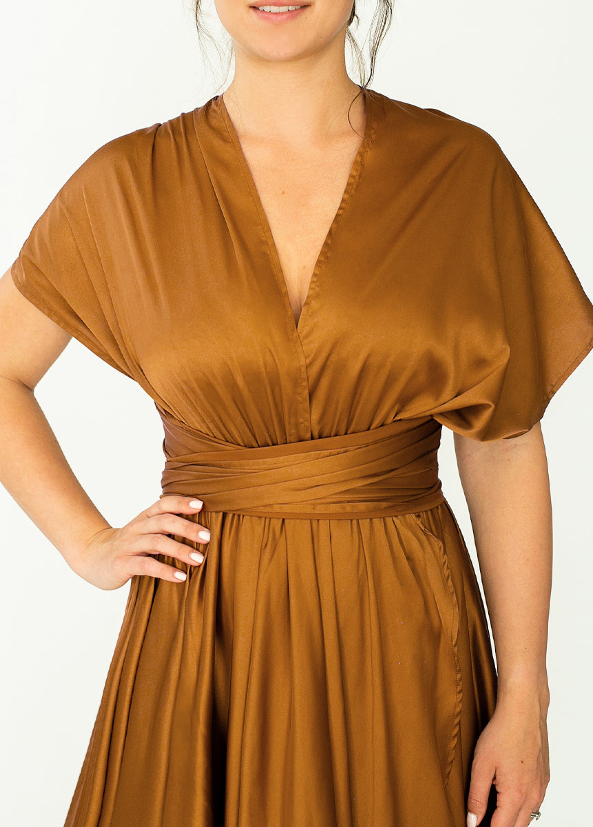 June Impact Dress in Dark Honey - Elegant Flowy Midi Dress for Women, Perfect for Summer Weddings, Parties & Date Nights