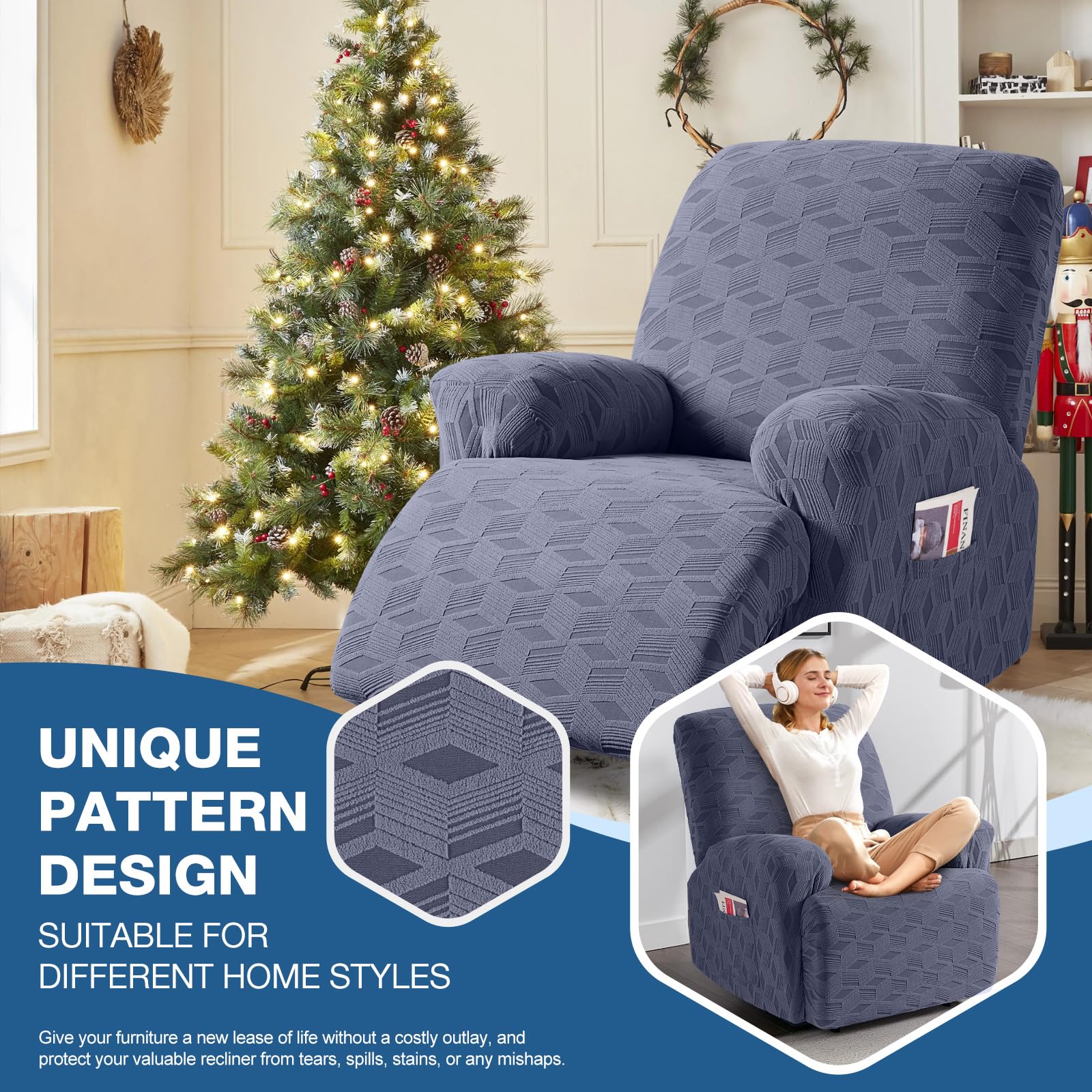 TAOCOCO Oversized Recliner Cover - Stretch Jacquard Reclining Chair Slipcover with Elastic Bottom, Furniture Protector for Sofa & Couch - Pet & Kid Friendly - Grey - Perfect for Living Room, Home Theater & Family Gatherings