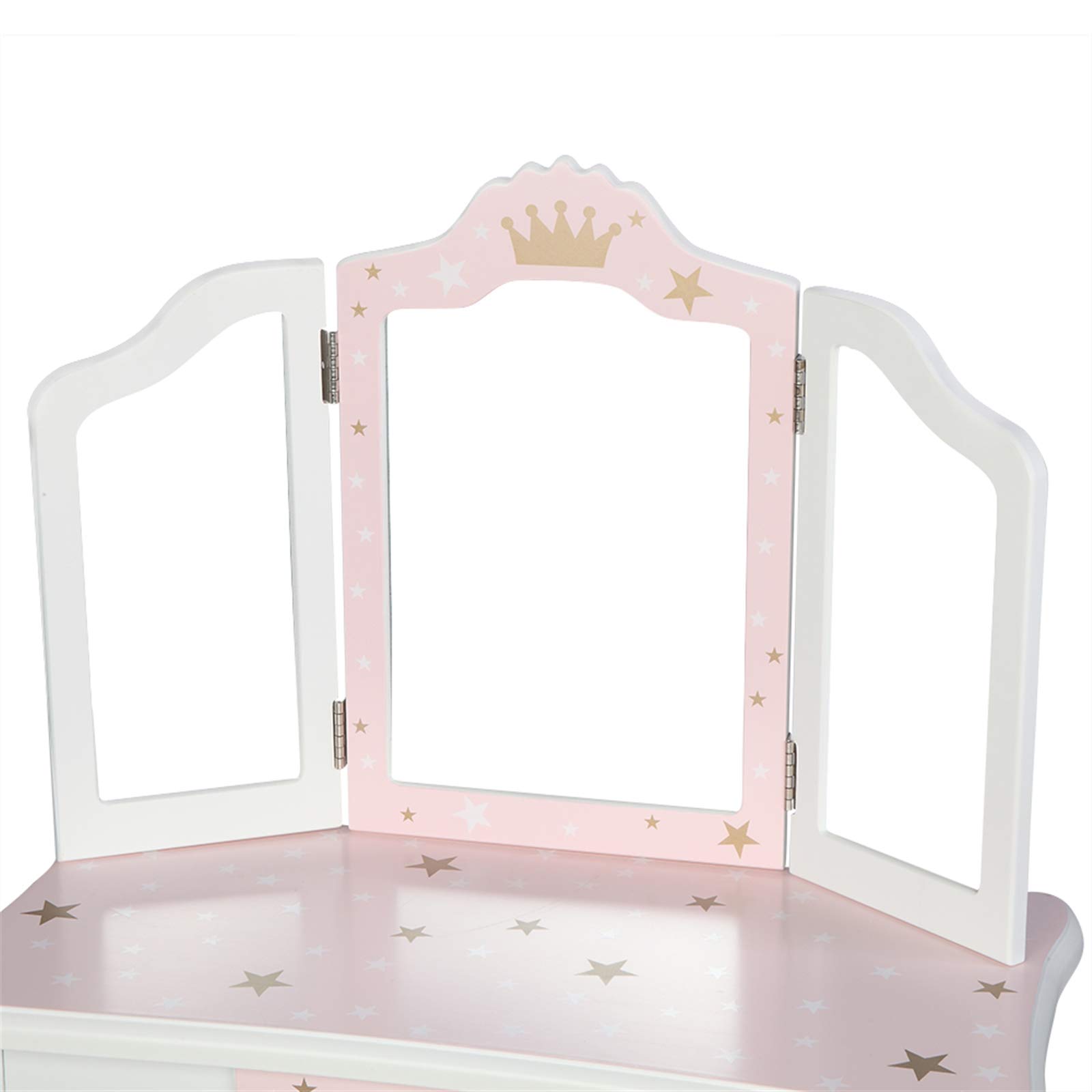 Pink Princess Vanity Set for Girls - Wooden Makeup Table & Chair with Tri-Fold Mirror & Drawers - Kids Dressing Table for Bedroom Decor (Pink Star Style) - Perfect for Birthday Gifts, Pretend Play & Room Makeover