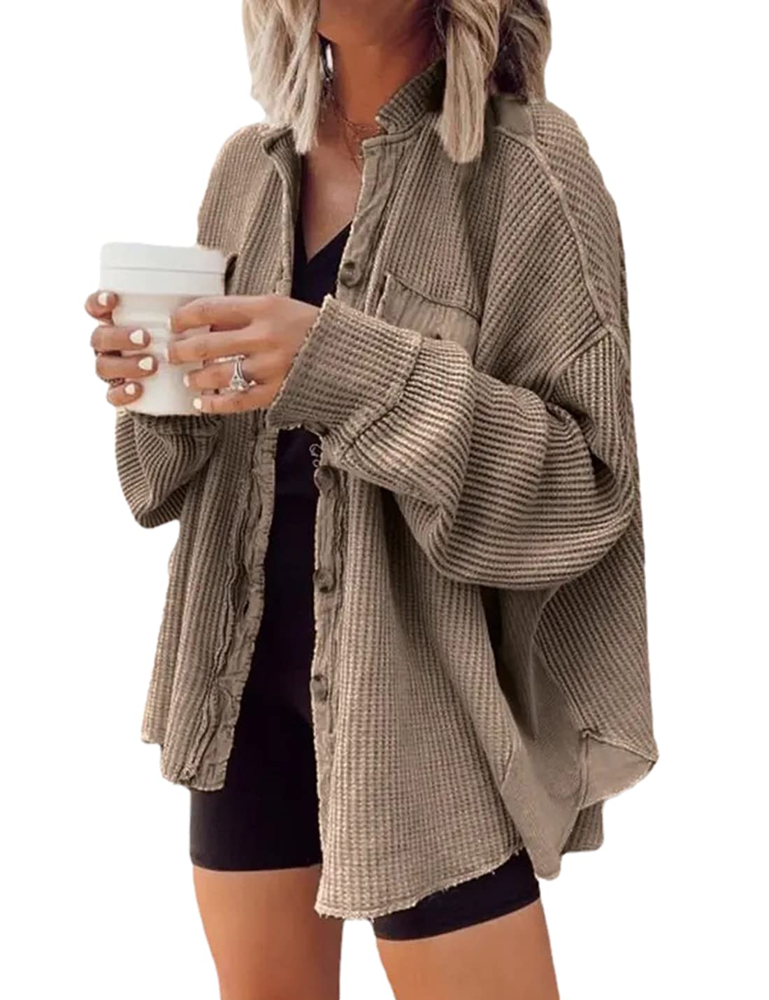 SeekMe Women's Waffle Knit Shirt Jacket - Long Sleeve Button Down Blouse with Batwing Sleeves | Casual Fall Layering Piece for Work & Weekend Outfits
