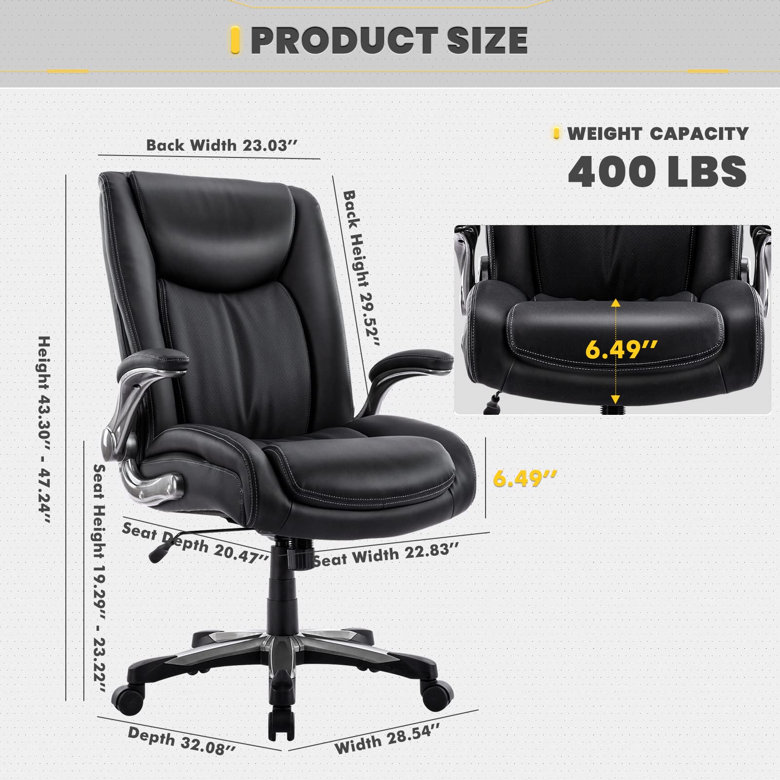 COLAMY Big and Tall Office Chair 400lbs Heavy Duty - High Back Executive Desk Chair with Flip-Up Arms & Wide Seat for Home Office - Ergonomic Computer Chair for Large Men - Perfect for Long Work Hours & Gaming Sessions (Black)