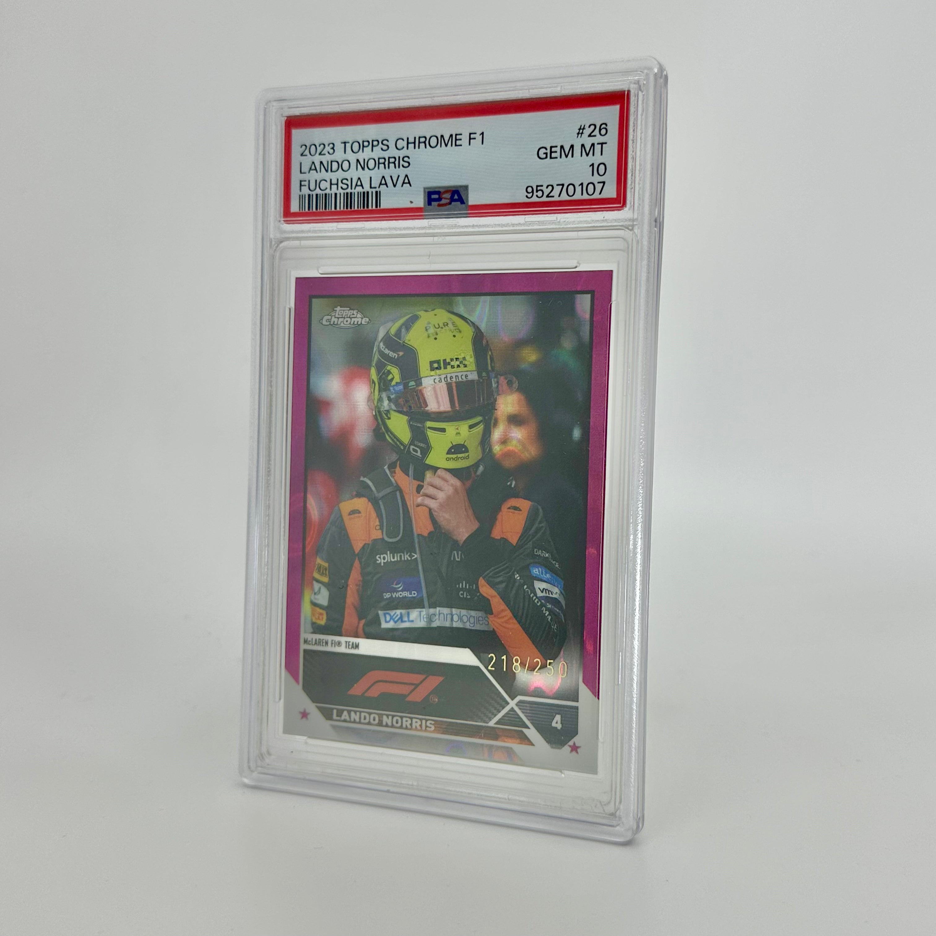 2023 Topps Chrome Fuchsia Lava Lando Norris #26 PSA 10 218/250 - Rare Racing Collectible Card for F1 Fans & Sports Memorabilia Enthusiasts