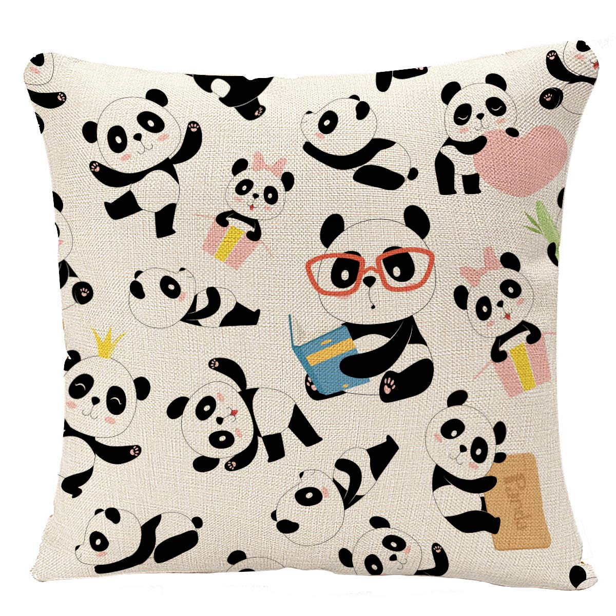 Panda Bear Throw Pillow Covers 18x18 Inch - Asian Animal Linen Cushion Cases for Sofa, Couch & Car Decor - Home Decorative Accent for Living Room, Bedroom & Office