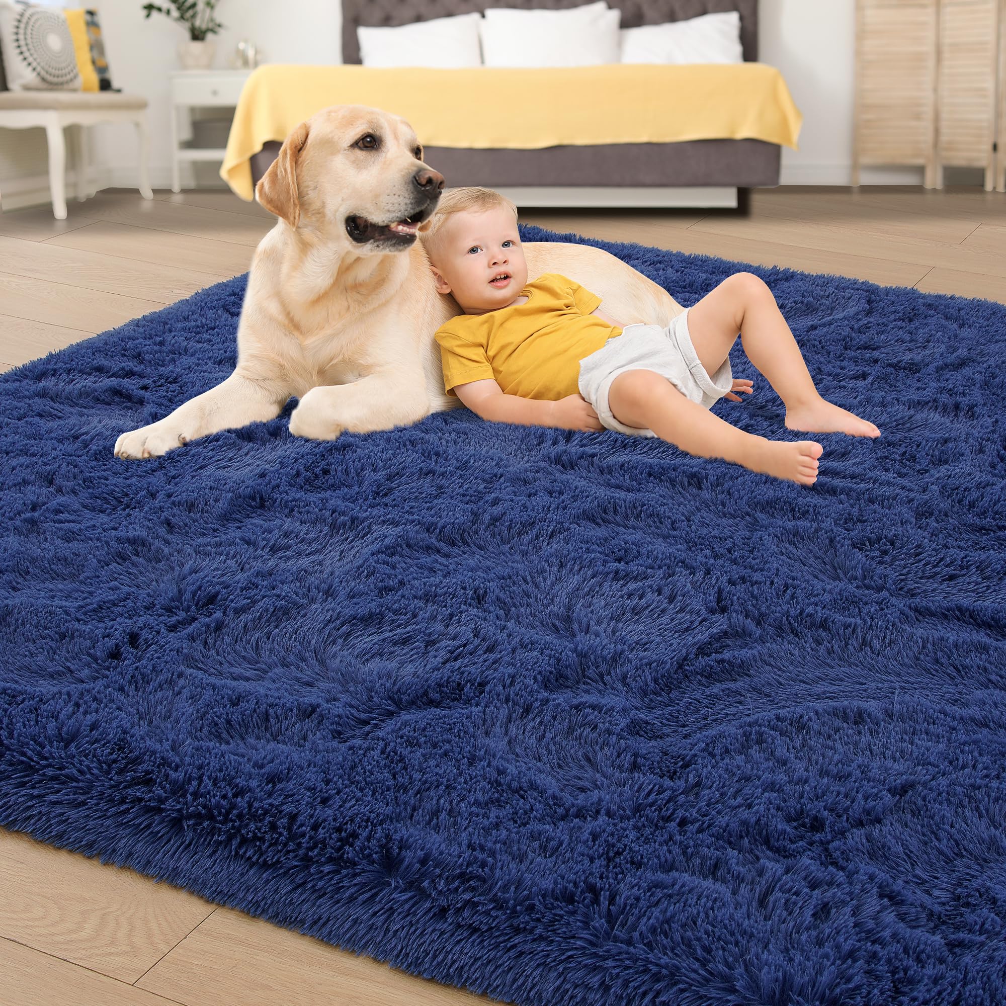 Tepook Modern Shaggy Rug 6x9 Feet - Soft Velvet High Pile Fluffy Area Rug, Light Navy Blue, Machine Washable Stain Resistant Indoor Carpet for Living Room, Bedroom, Nursery & Home Decor
