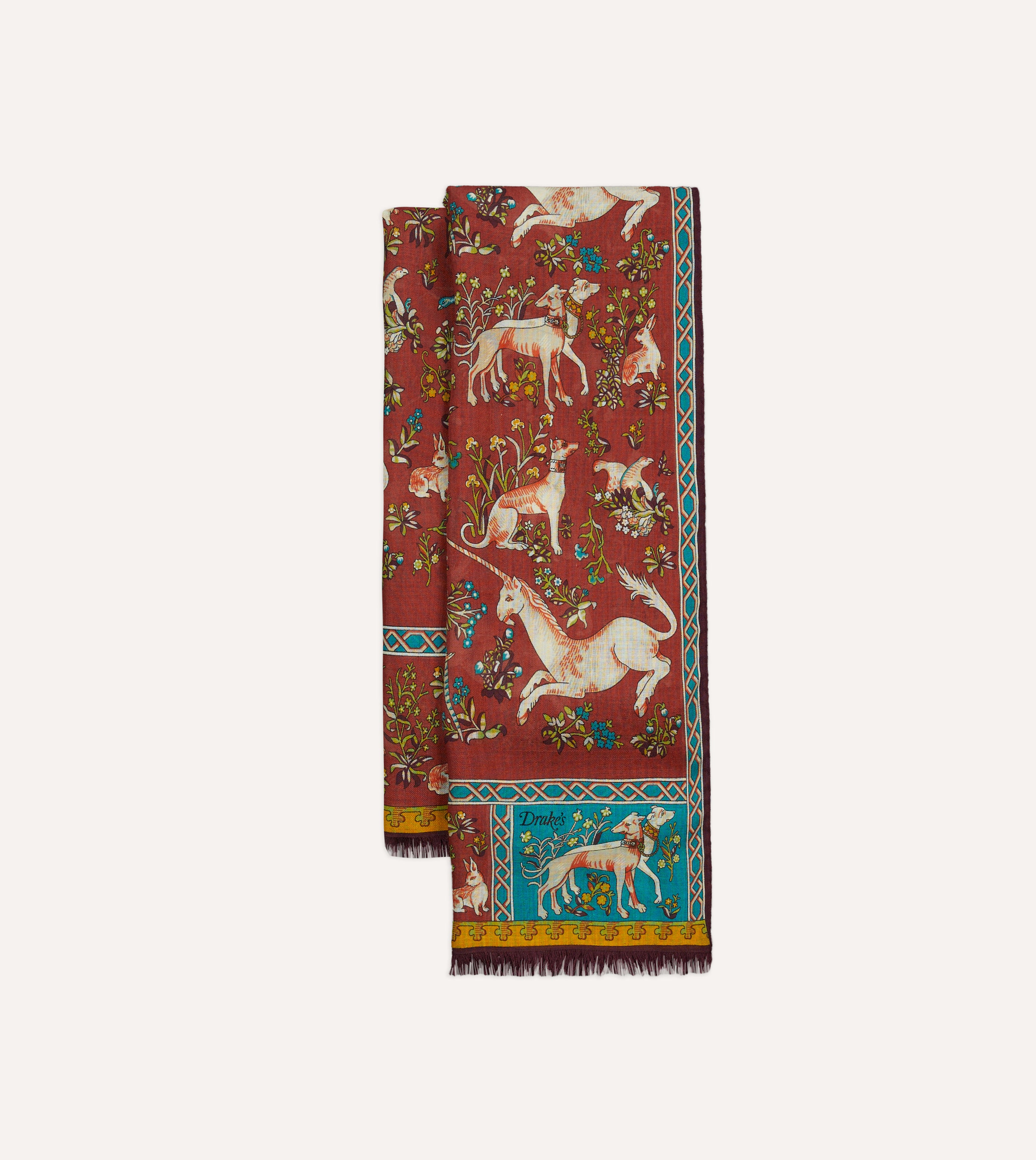 Red Unicorn Tile Print Wool Silk Scarf - Elegant Winter Fashion Accessory for Women, Gift for Her, Perfect for Holidays, Parties & Office Wear