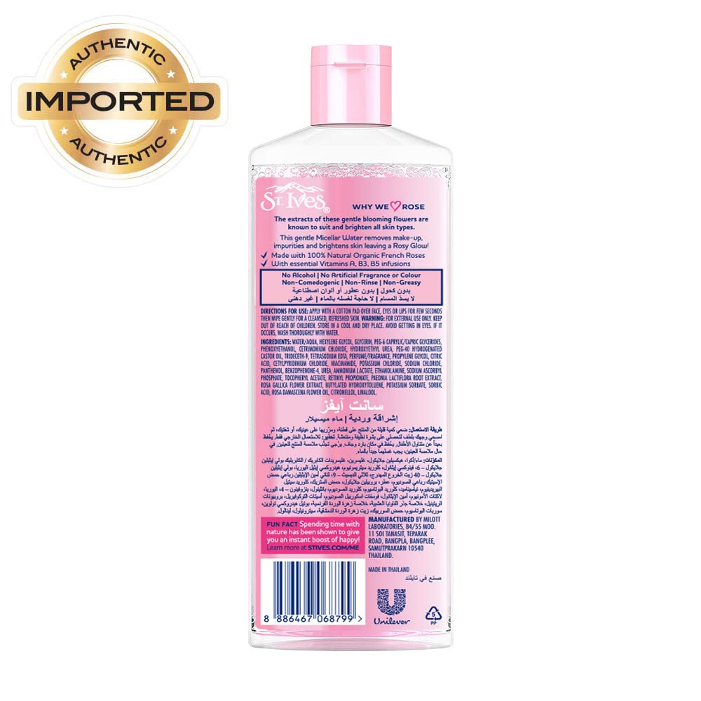 St. Ives Rosy Glow Rose Micellar Water - 100% Natural Extracts, 3-in-1 Cleanser, Toner & Makeup Remover for All Skin Types | Gentle, Paraben-Free, Alcohol-Free & Oil-Free Face Cleansing Water (400ml) | Perfect for Daily Skincare, Makeup Removal & Hydration Routine
