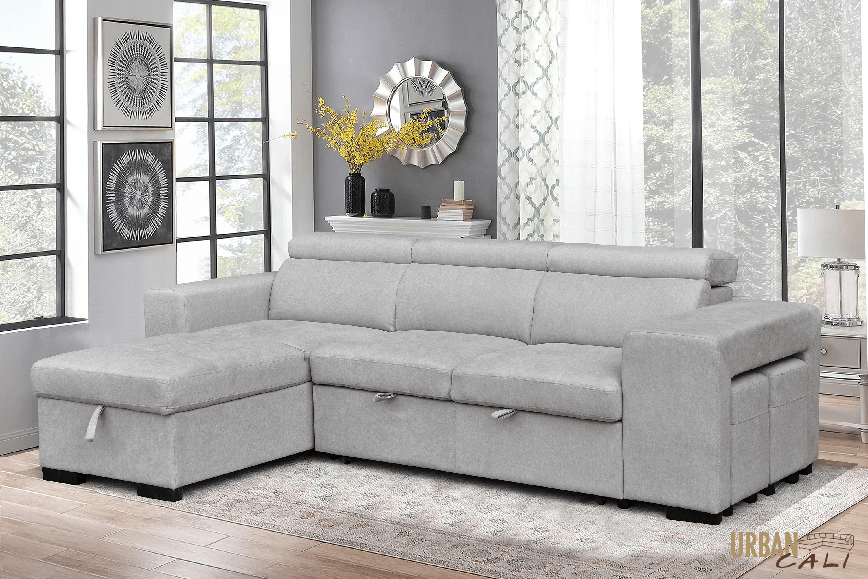 Sonoma Sleeper Sectional Sofa Bed with Reversible Storage Chaise & 2 Stools - Grey Canvas Fabric | Perfect for Small Spaces, Guest Rooms & Multi-Functional Living Areas