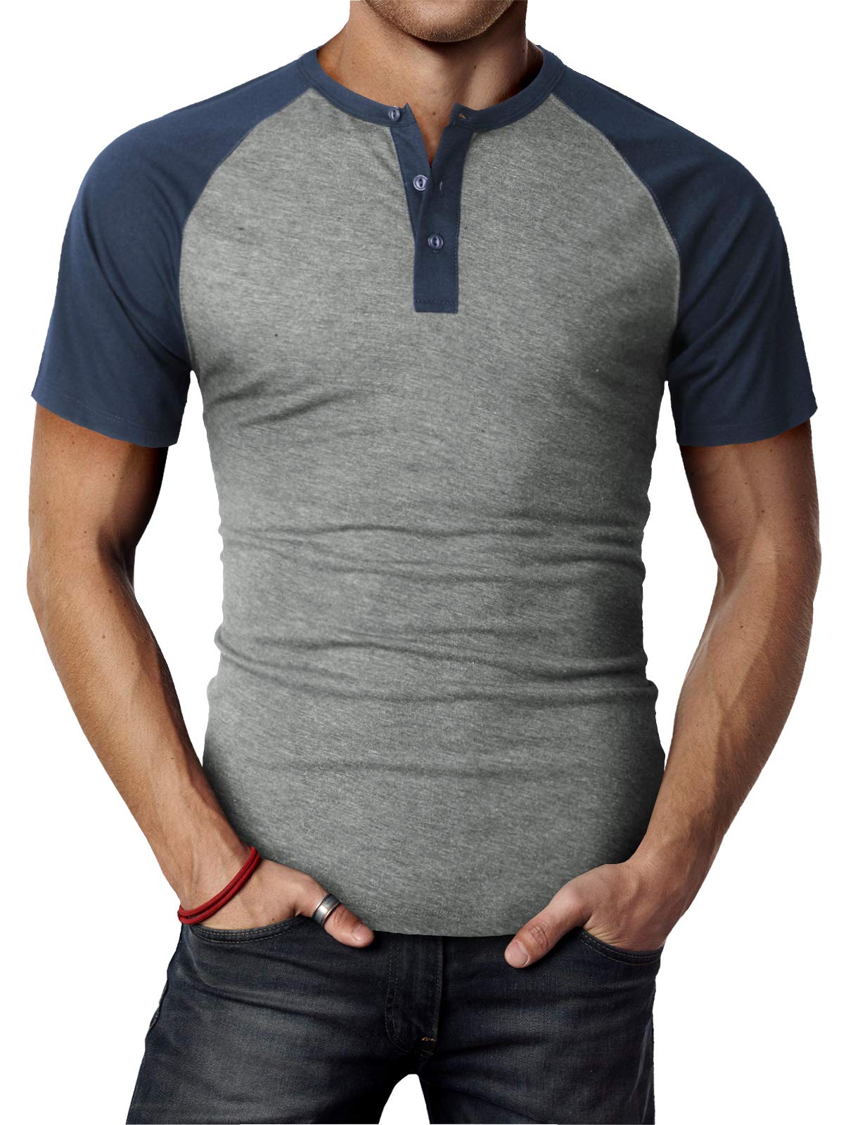H2H Men's Henley Short Sleeve T-Shirt - Slim Fit Casual Raglan Tee for Everyday Wear & Outdoor Activities