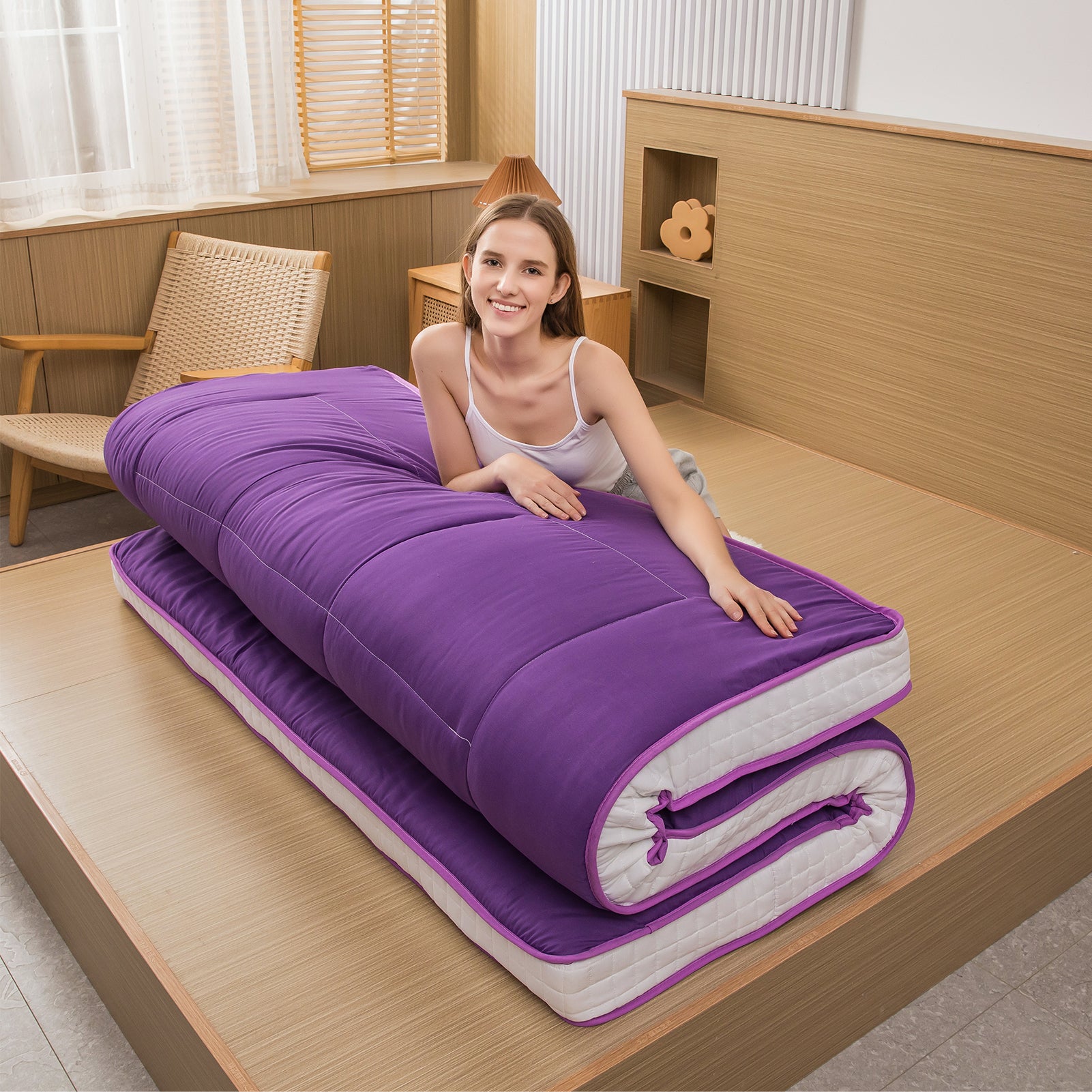 MAXYOYO Extra Thick Purple Japanese Floor Mattress - Foldable Sleeping Pad for Guest Bed, Camping & Home Use | Comfortable Futon Alternative for Small Spaces