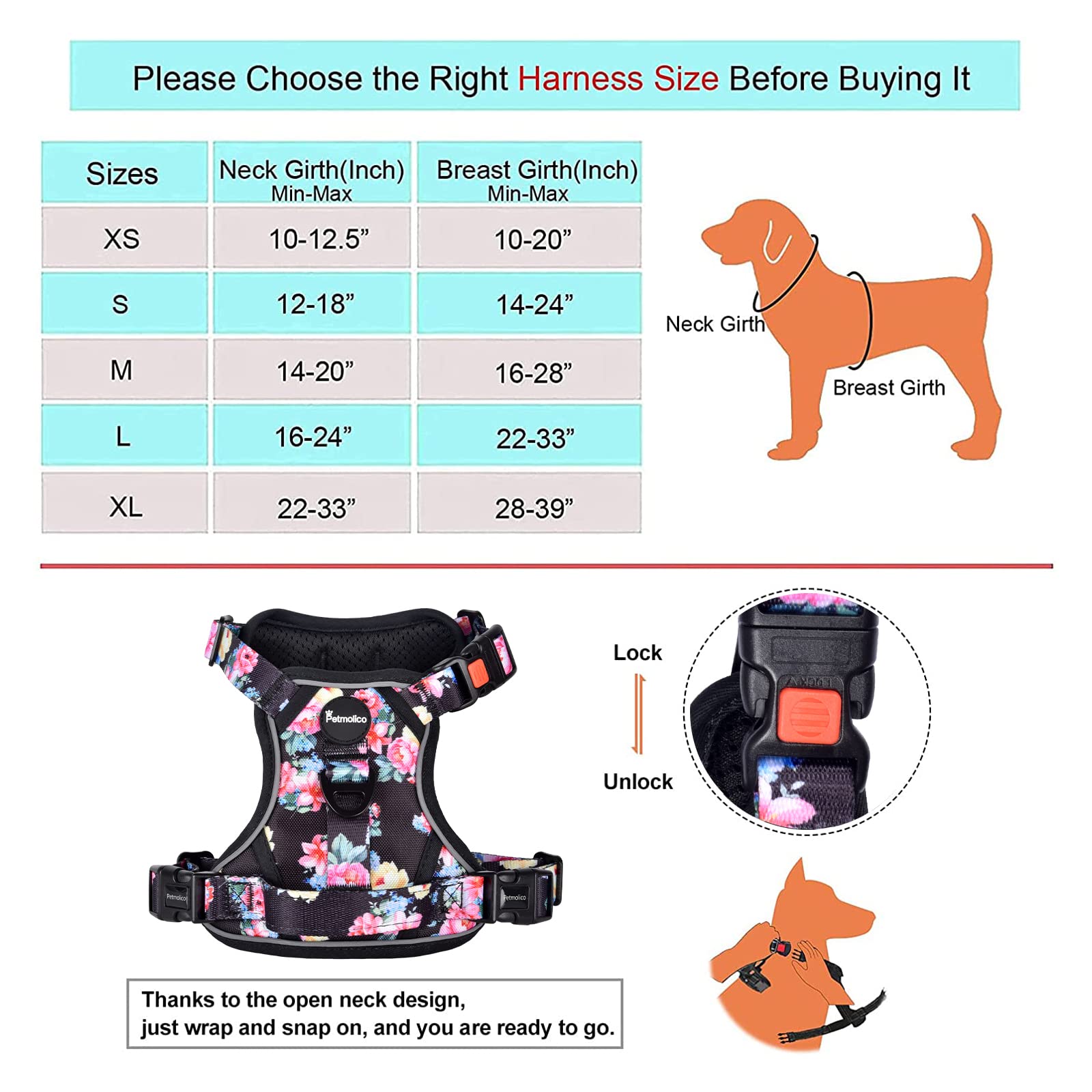 Petmolico No Pull Dog Harness Set with Leash - Reflective Adjustable Vest for Small & Medium Breeds, Puppy Harness with Easy Control Handle & Poop Bag Holder - Perfect for Walking, Training & Outdoor Adventures (Medium - Paeonia)